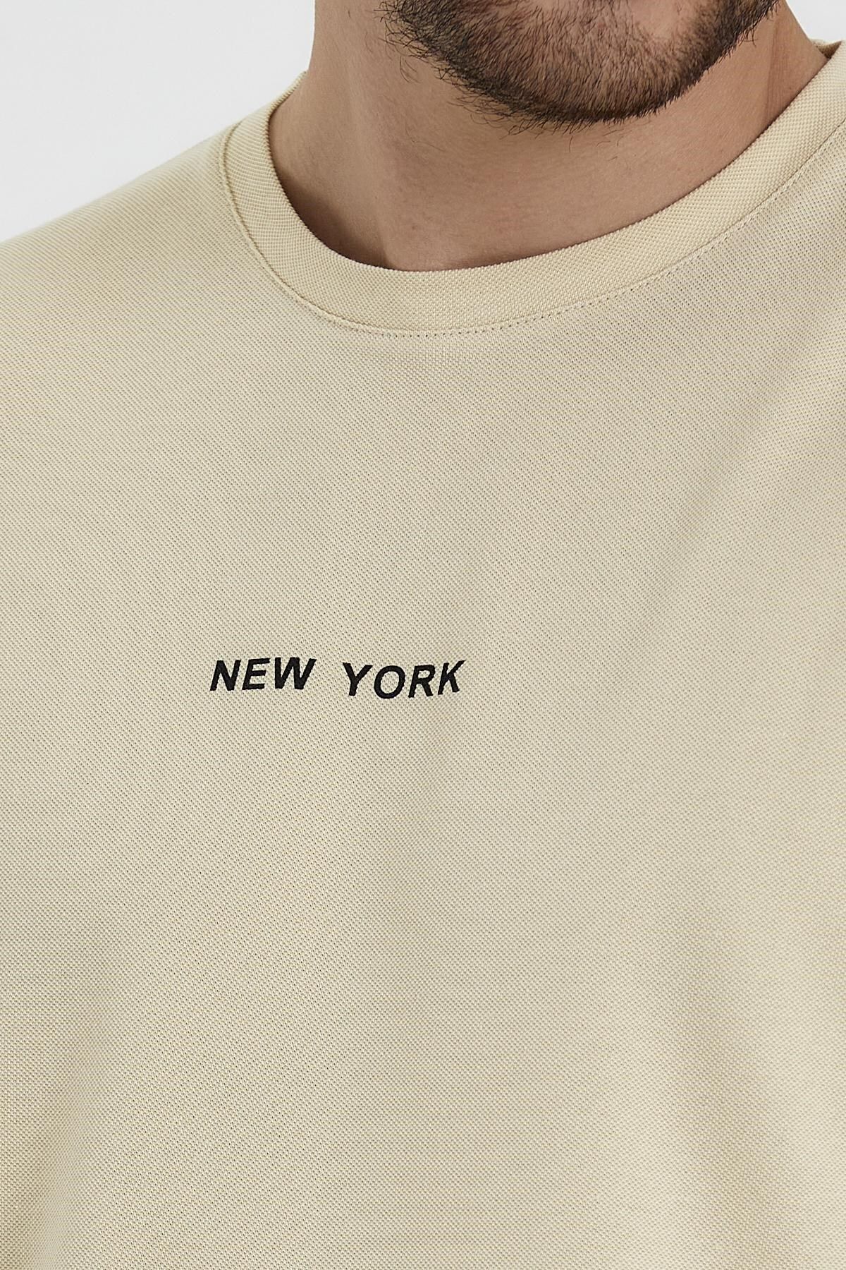 odelon-Tricou crem pentru bărbați - decolteu, imprimat New York, potrivire confortabilă 6