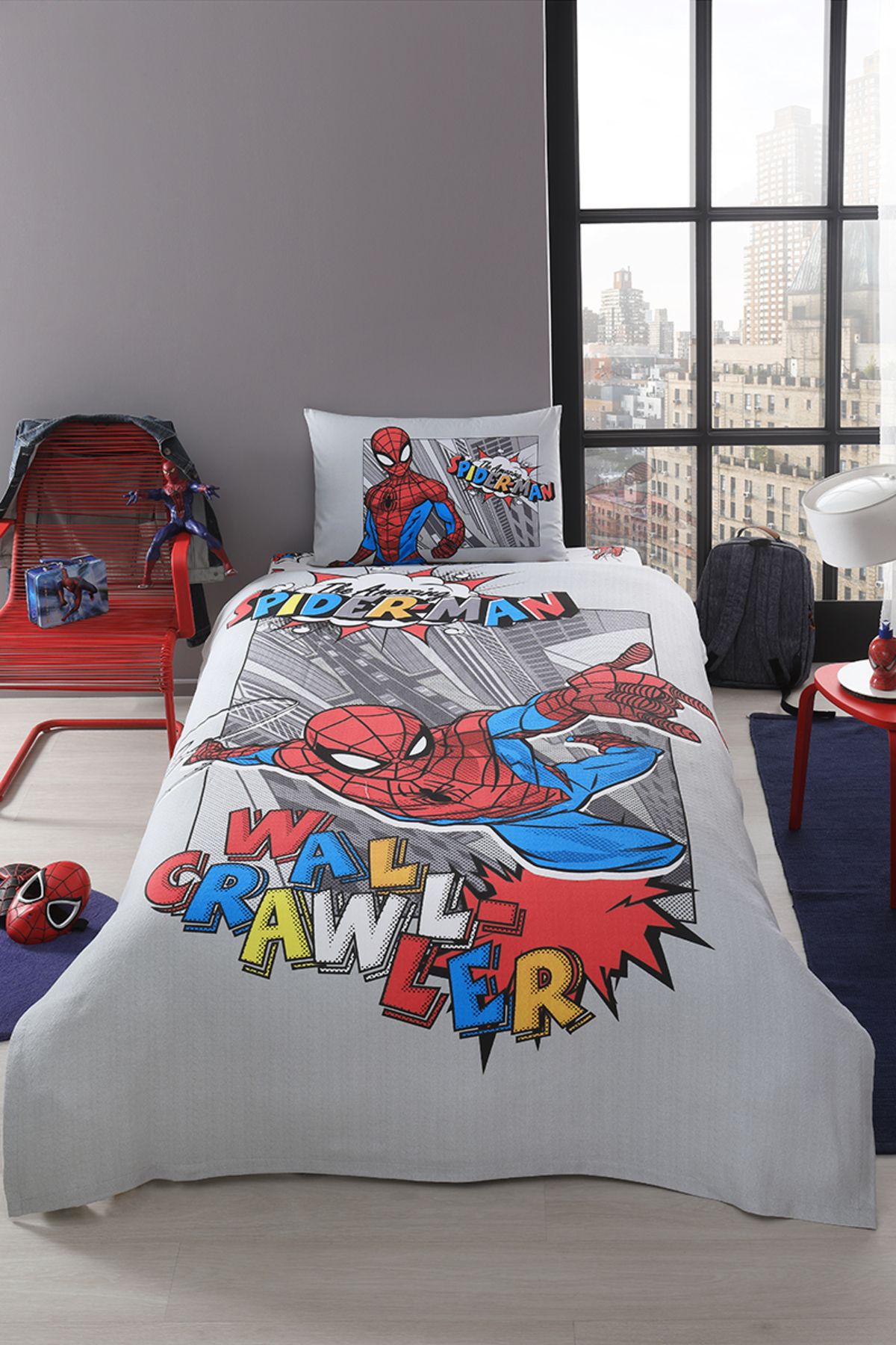 Özdilek Spiderman Wall Tek Kişilik Disney Lisanslı Lastikli Fitted Çarşaf Çocuk Pike Takımı