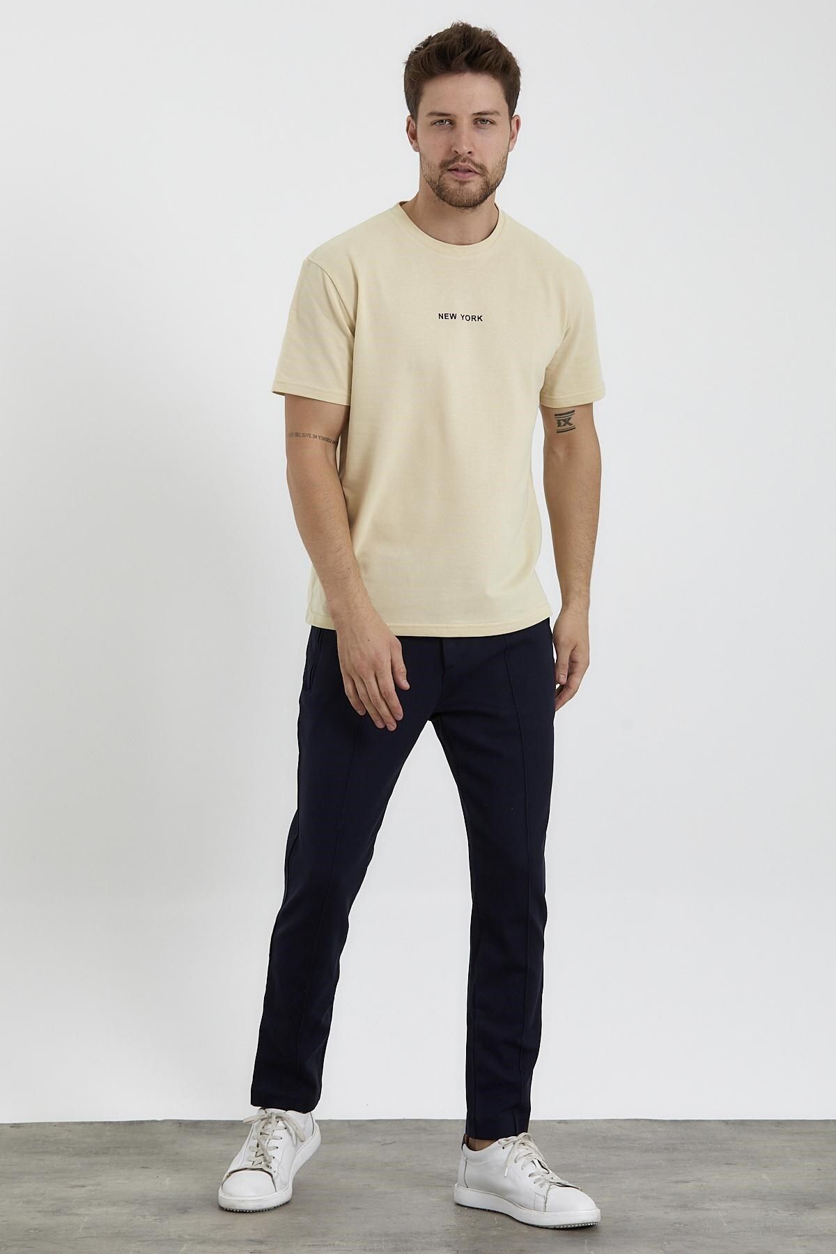 odelon-Tricou crem pentru bărbați - decolteu, imprimat New York, potrivire confortabilă 5