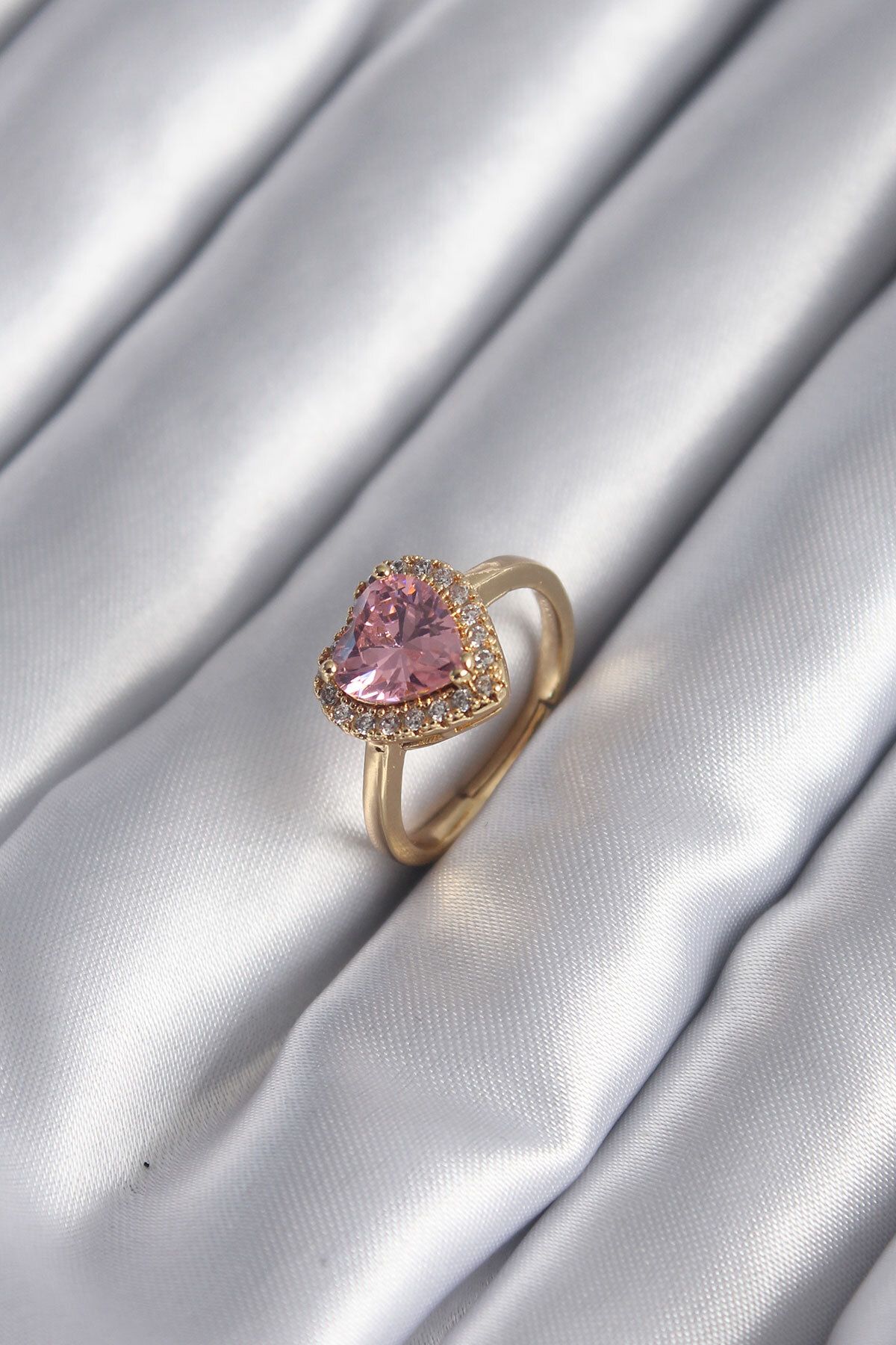 MAYAS Pirinç Gold Renk Pembe Zirkon Taş Kalp Charm Model Kadın Yüzük