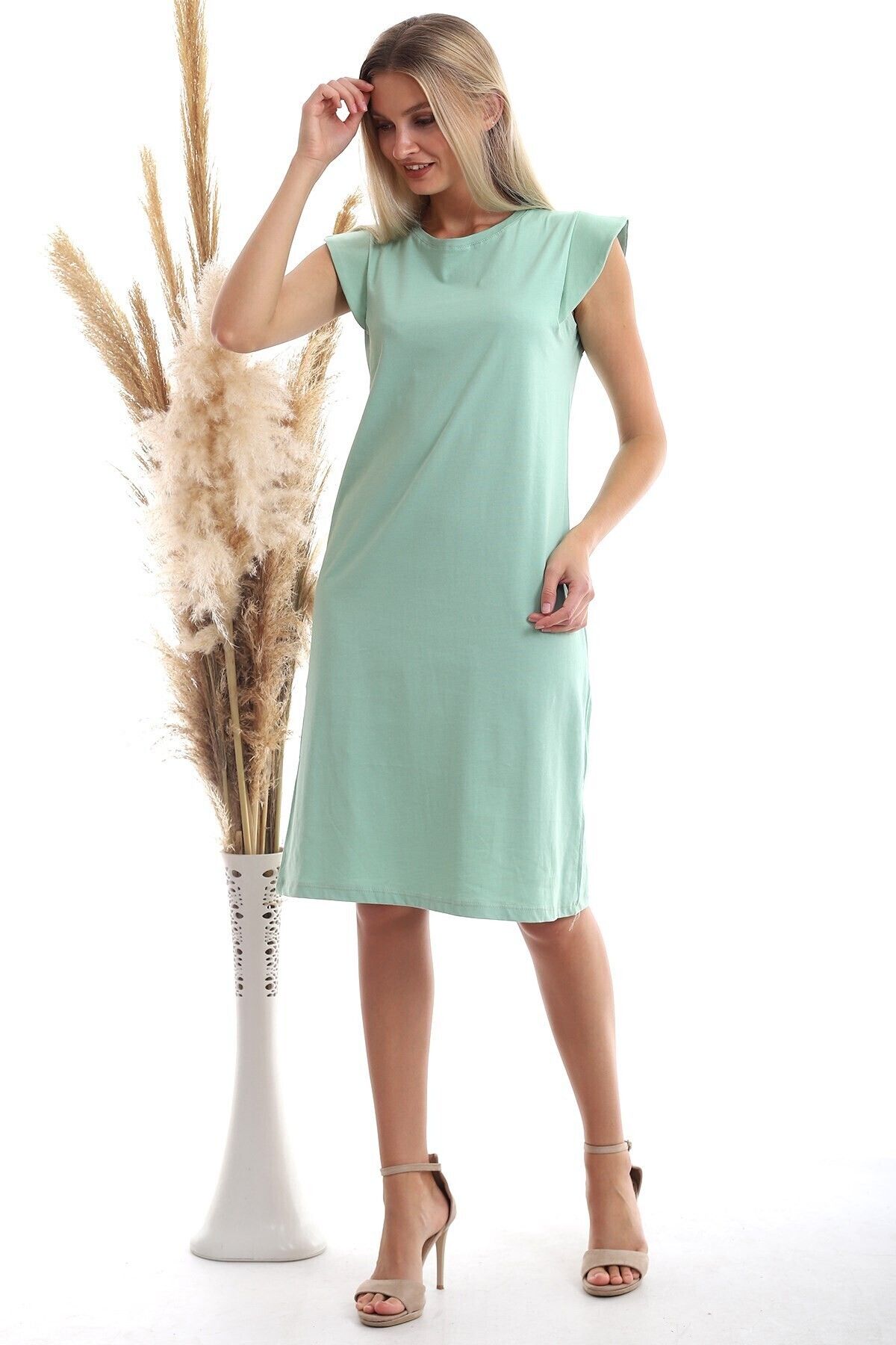 Cotton Mood-20333416 Single Jersey Shoulder Wire Dress Cagla Green 3