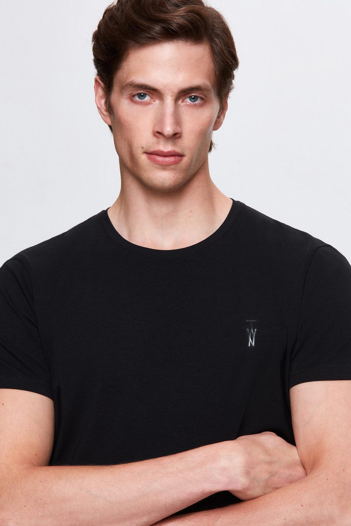 Twn-Black Slim Fit Logo Printed Stretch Cotton T-shirt 2