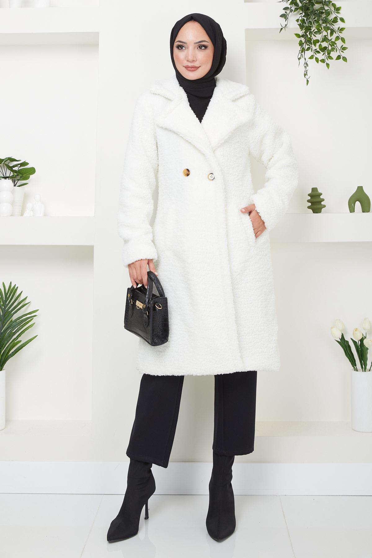 hafsamina  Fleto Cepli Peluş Mont Beyaz HM2506 - Görsel 5