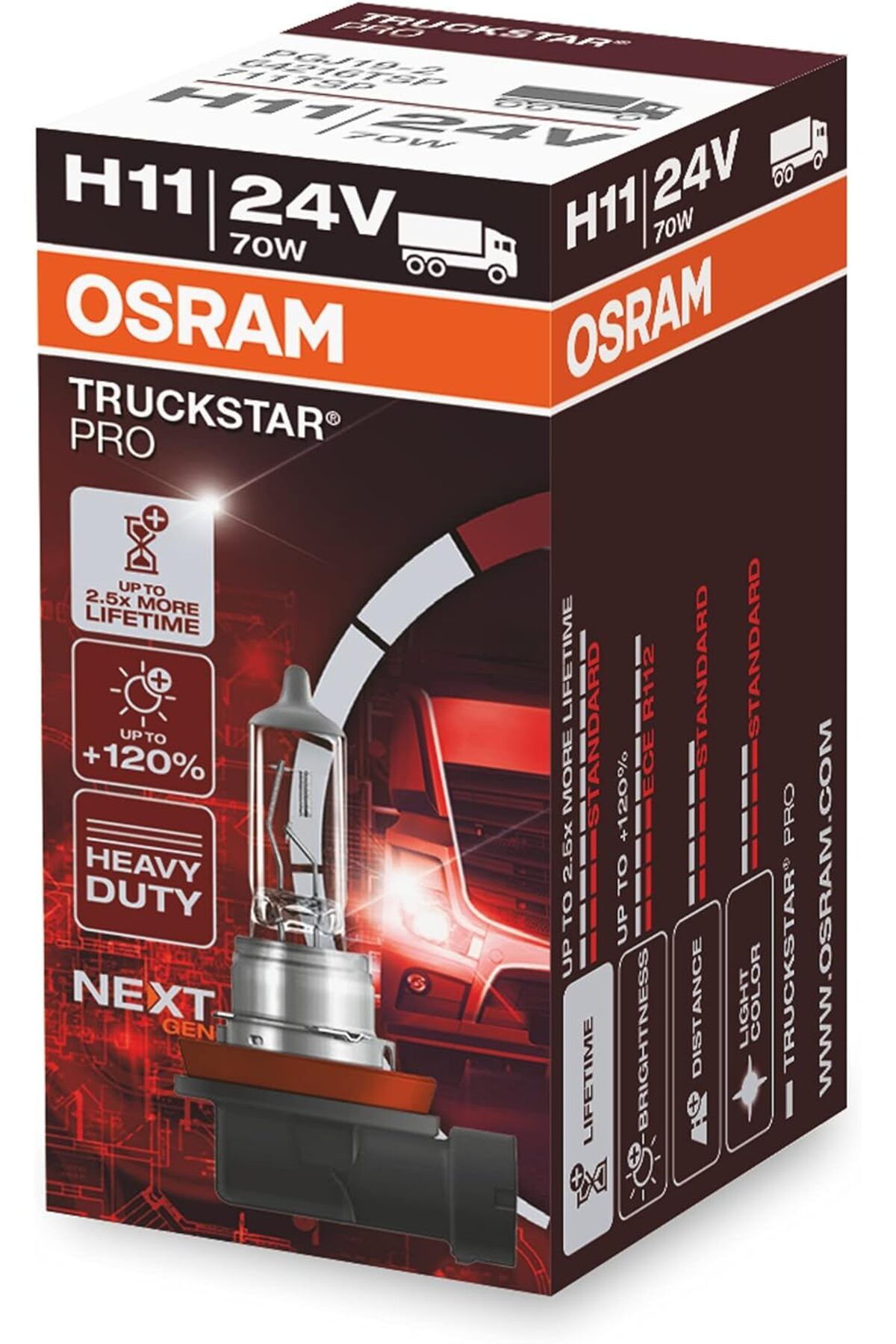 STOREMAX Ampul Truckstar Pro H11 24V 70W%120'ye kadar Fazla Işık 2.5x daha uzun kullanım süresi
