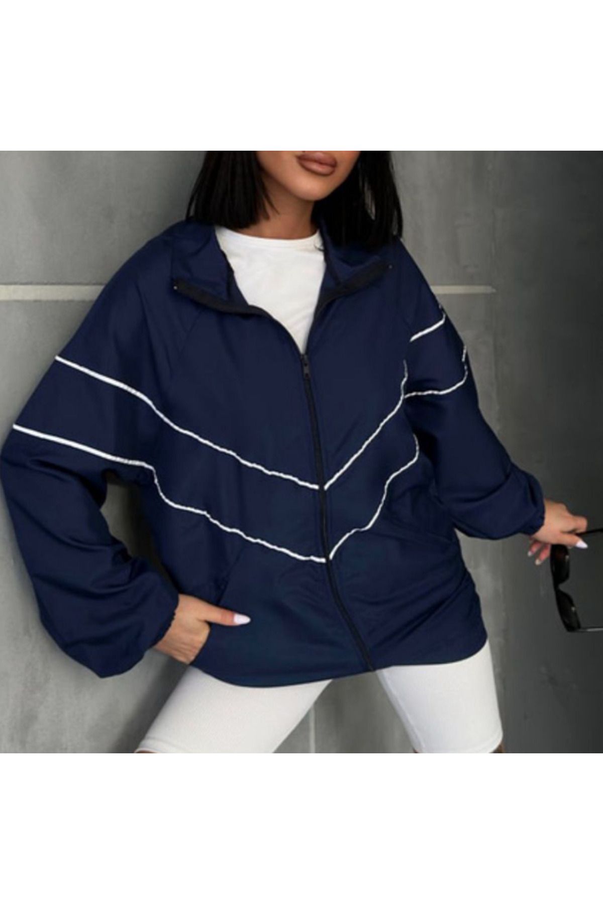 Köstebek-Asymmetric Cut Navy Blue Double Stripe Bomber Jacket 1