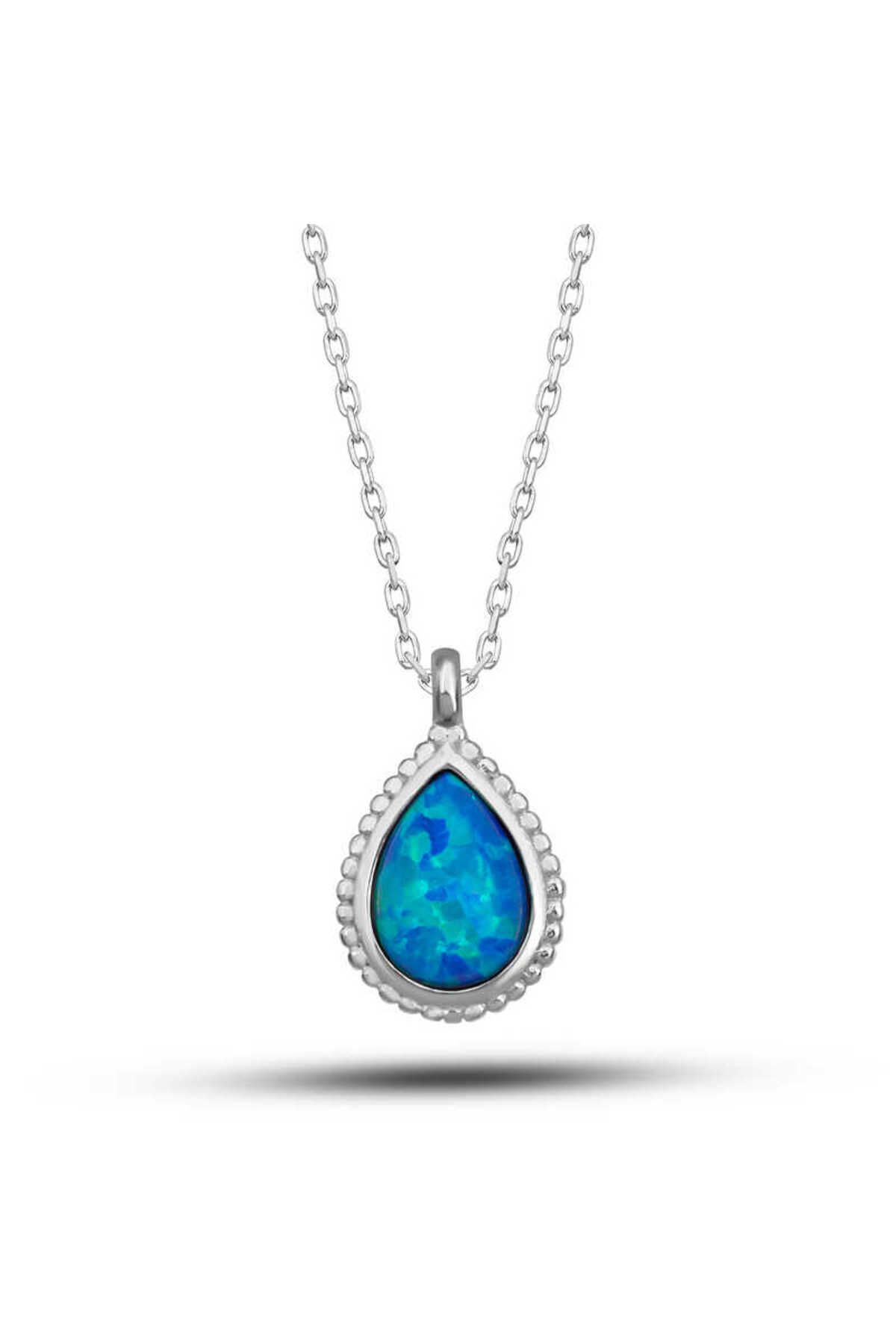 BAZAARİO 925 Ayar Gümüş Damla Mavi Opal Taşlı Kadın Kolye