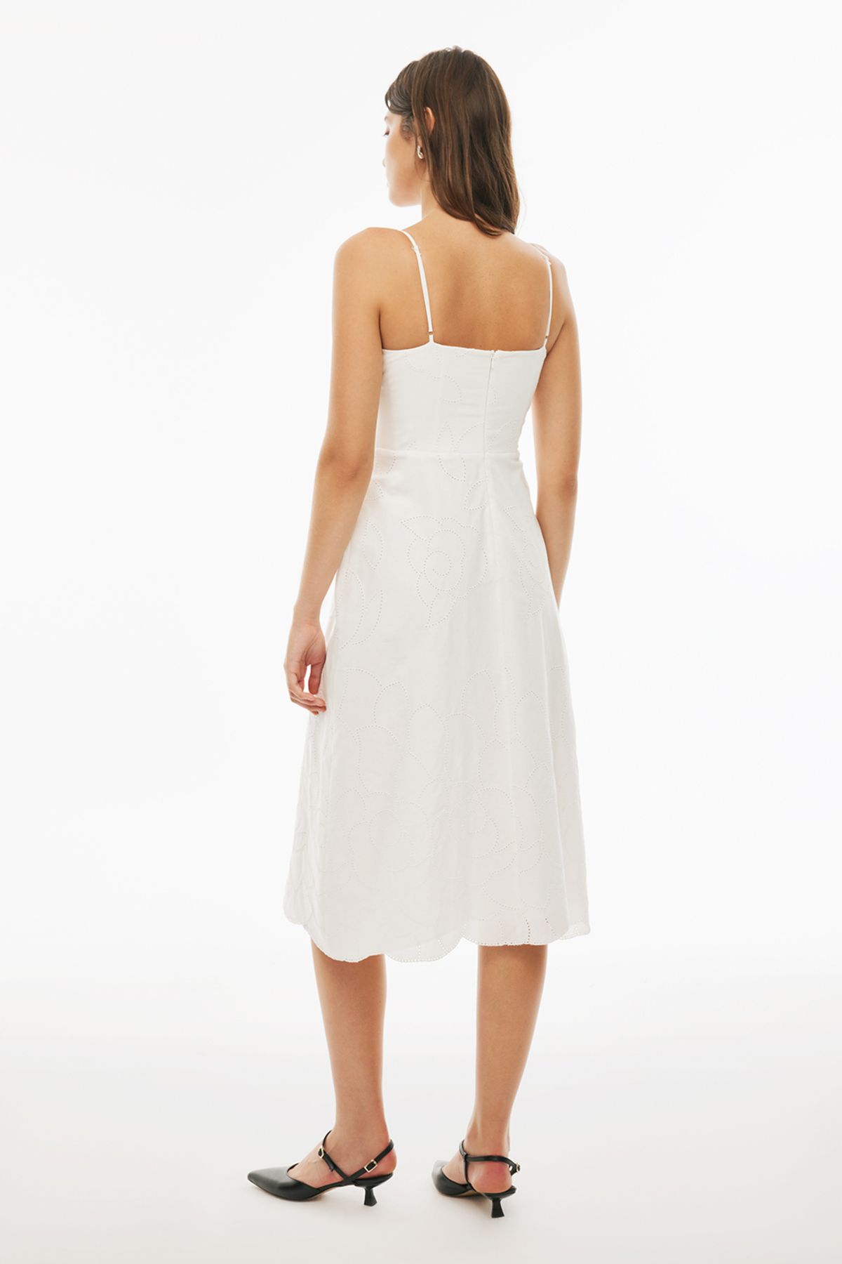 Perspective-Branny Regular Fit Midi Length Strap Square Collar Ecru Color Dress 4