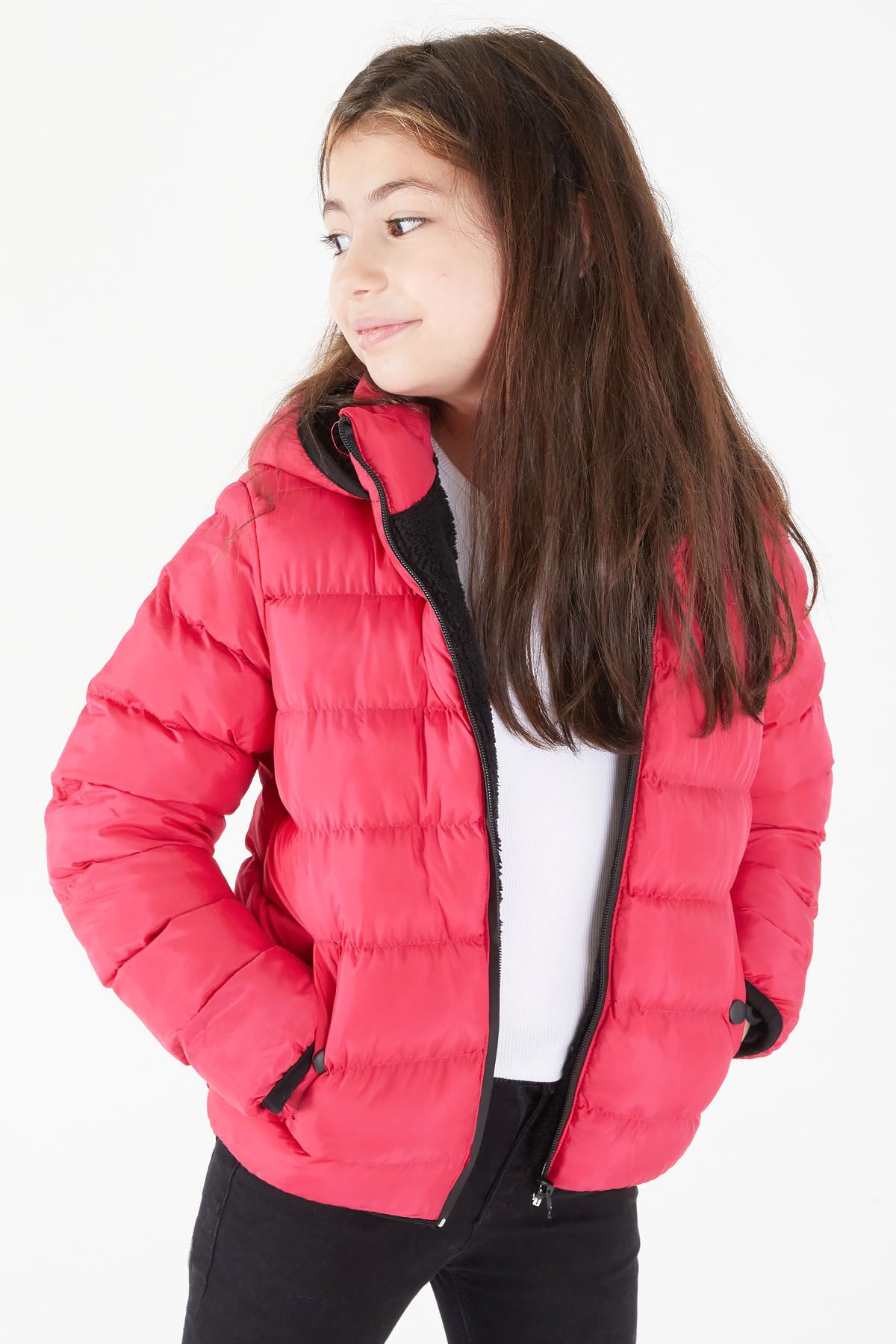 Cansın Mini-Girl's Straight Stitched Fuchsia Puffer Coat 15639 3