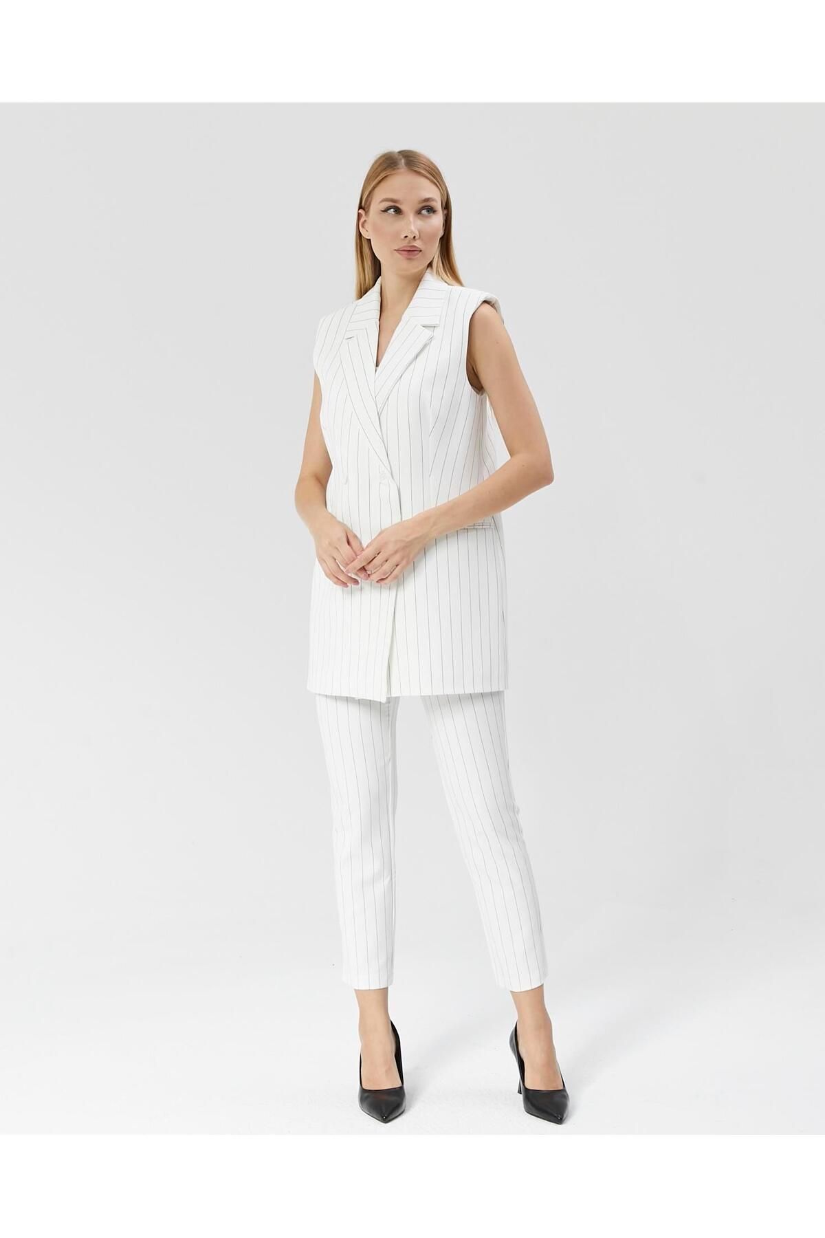 Appleline Costum De Damă Clasic Cu Dungi Lungi Cu Vestă Femeie - 42