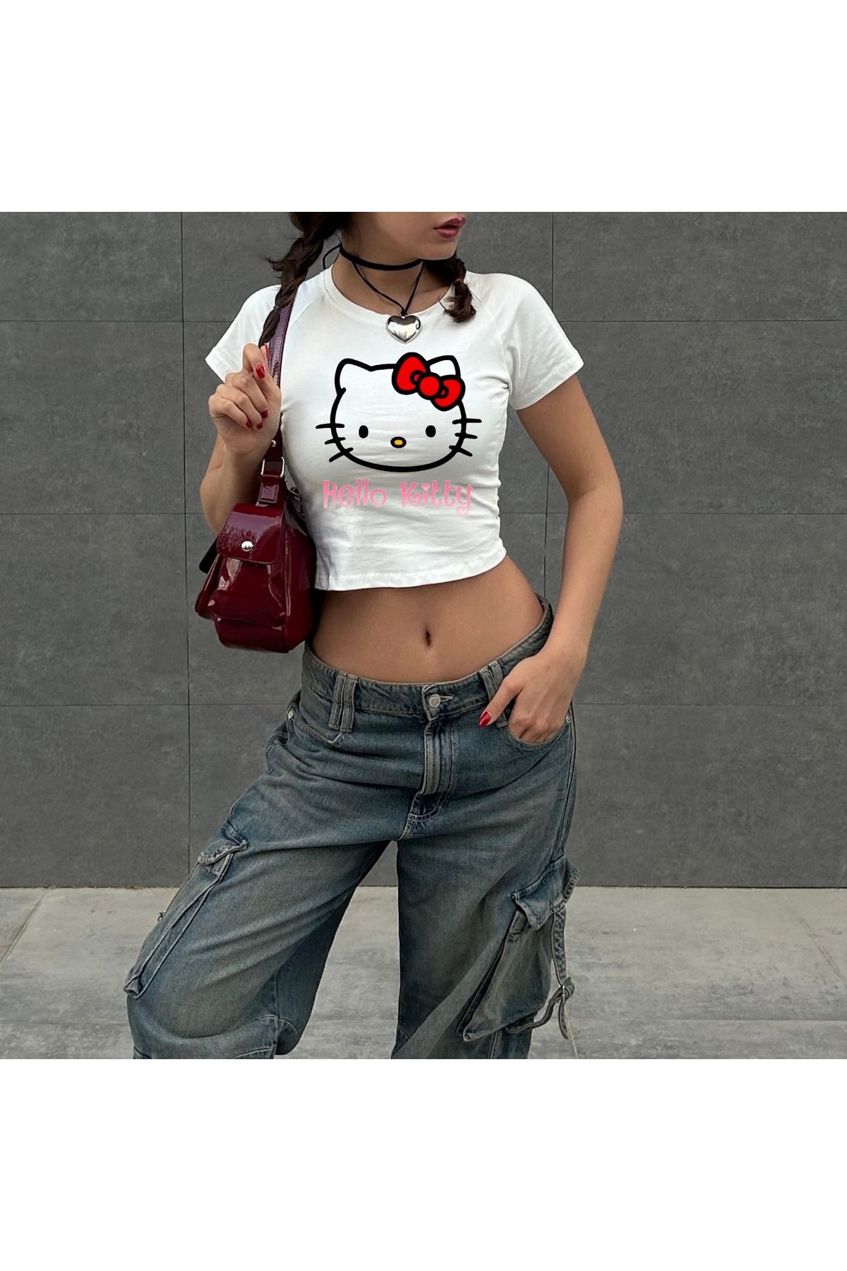 Köstebek-Hello Kitty Cat Face biely krátky rukáv Crop top 1