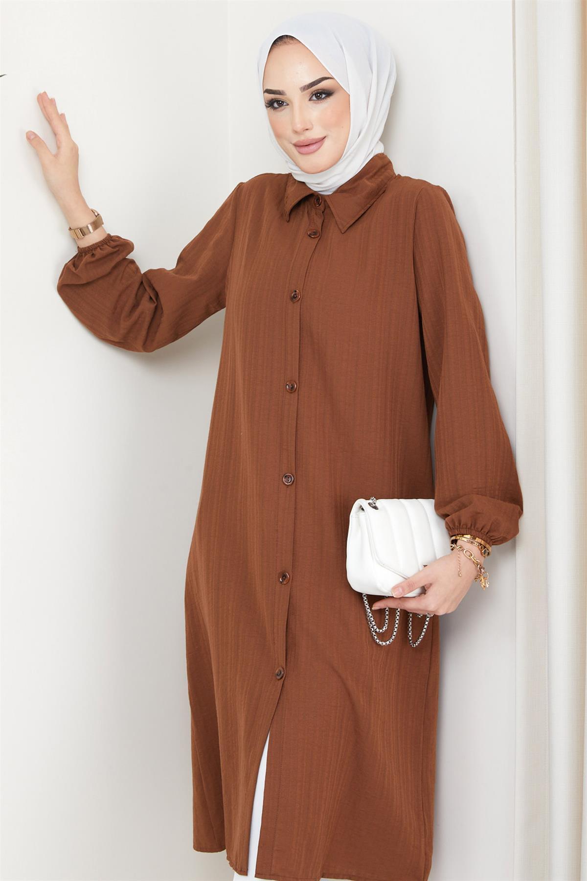 hafsamina  Yazlık Uzun Pamuklu Tunik Kahverengi - Görsel 3