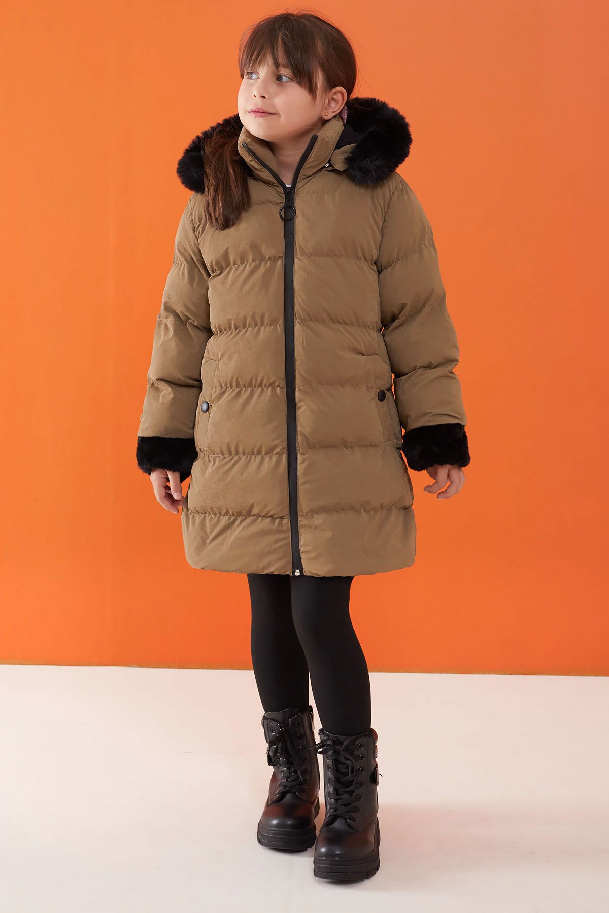 Cansın Mini-Girl's Fur Detailed Hooded Puffer Jacket - Brown 19515 3