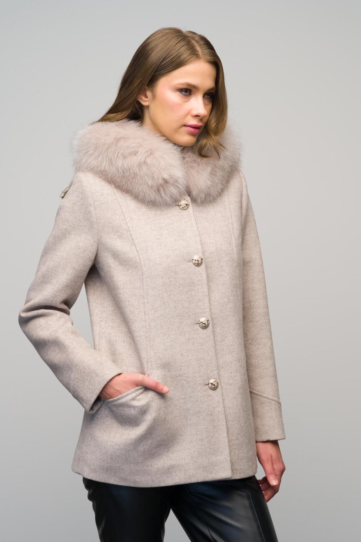 Olcay-Short Cashmere Coat with Detachable Collar Sheepskin Button Closure Beige 3061-Tk 3