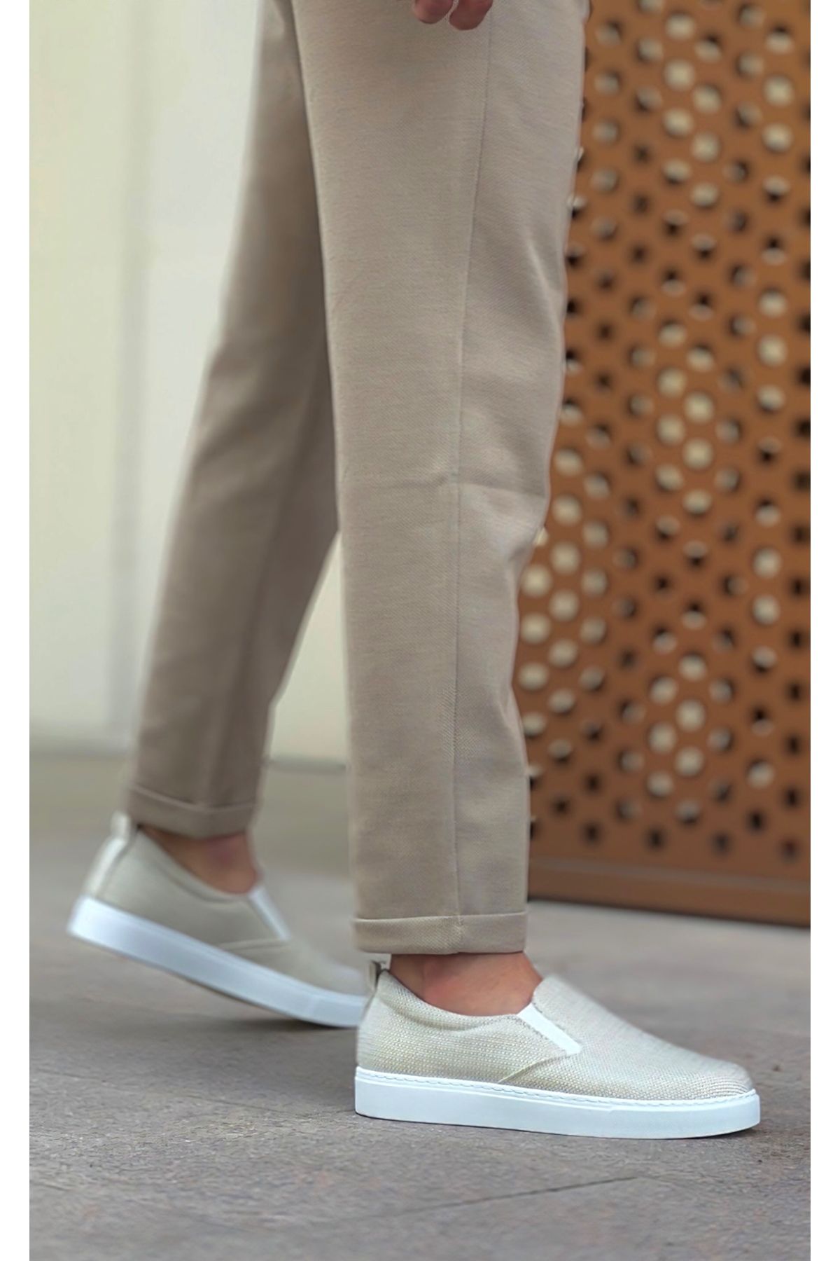BOA-BA0339 Pantofi casual pentru bărbați din in - Talpă alb crem, fără șireturi 5