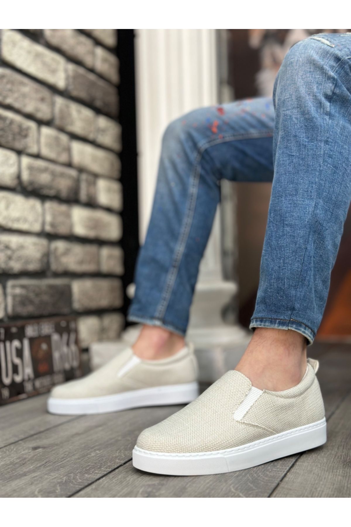 BOA-BA0339 Pantofi casual pentru bărbați din in - Talpă alb crem, fără șireturi 7