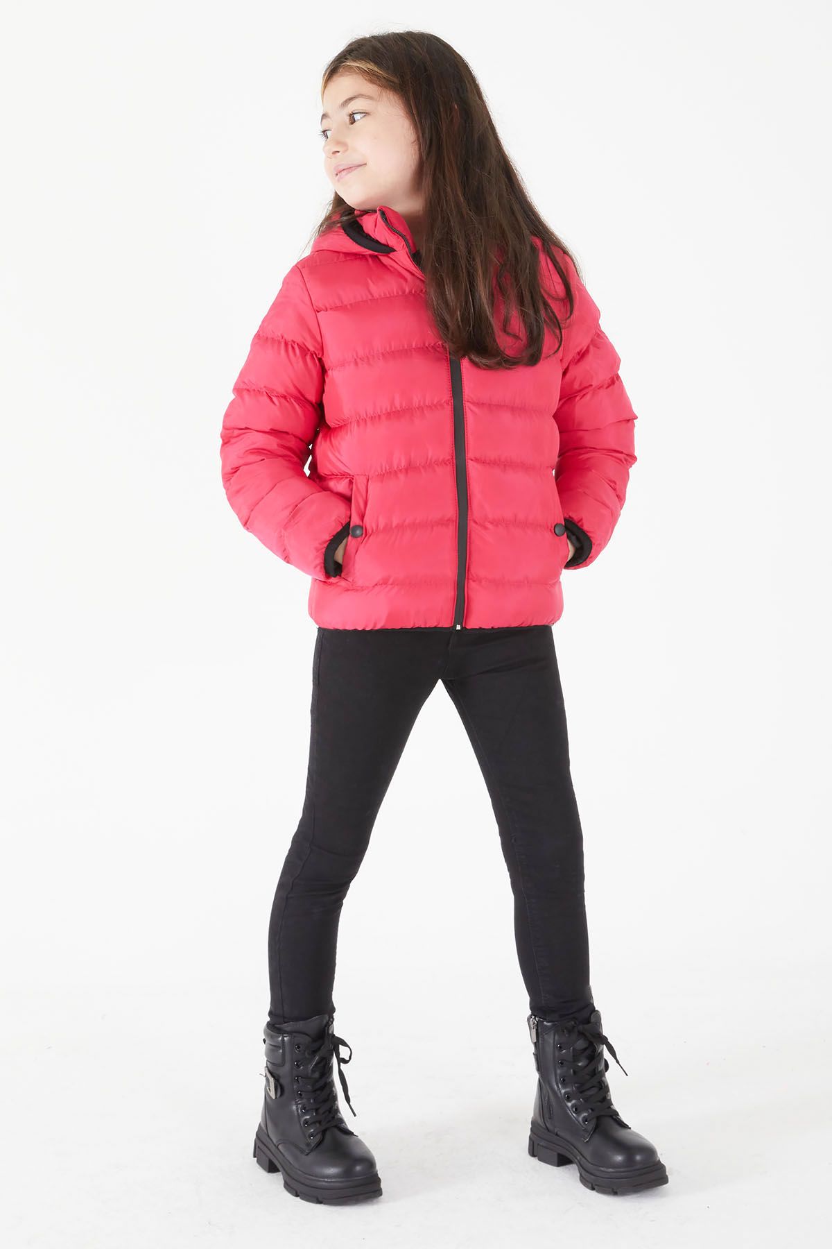 Cansın Mini-Girl's Straight Stitched Fuchsia Puffer Coat 15639 2