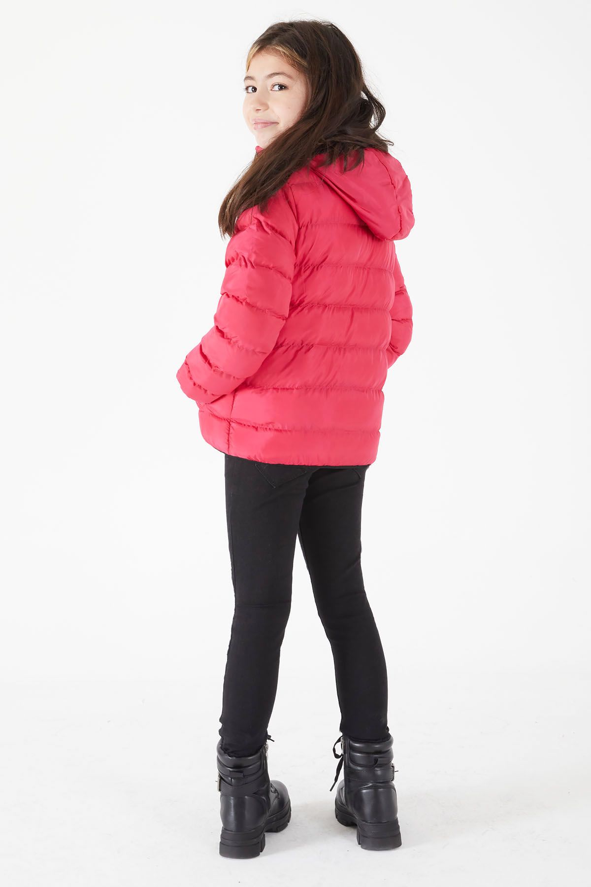 Cansın Mini-Girl's Straight Stitched Fuchsia Puffer Coat 15639 6