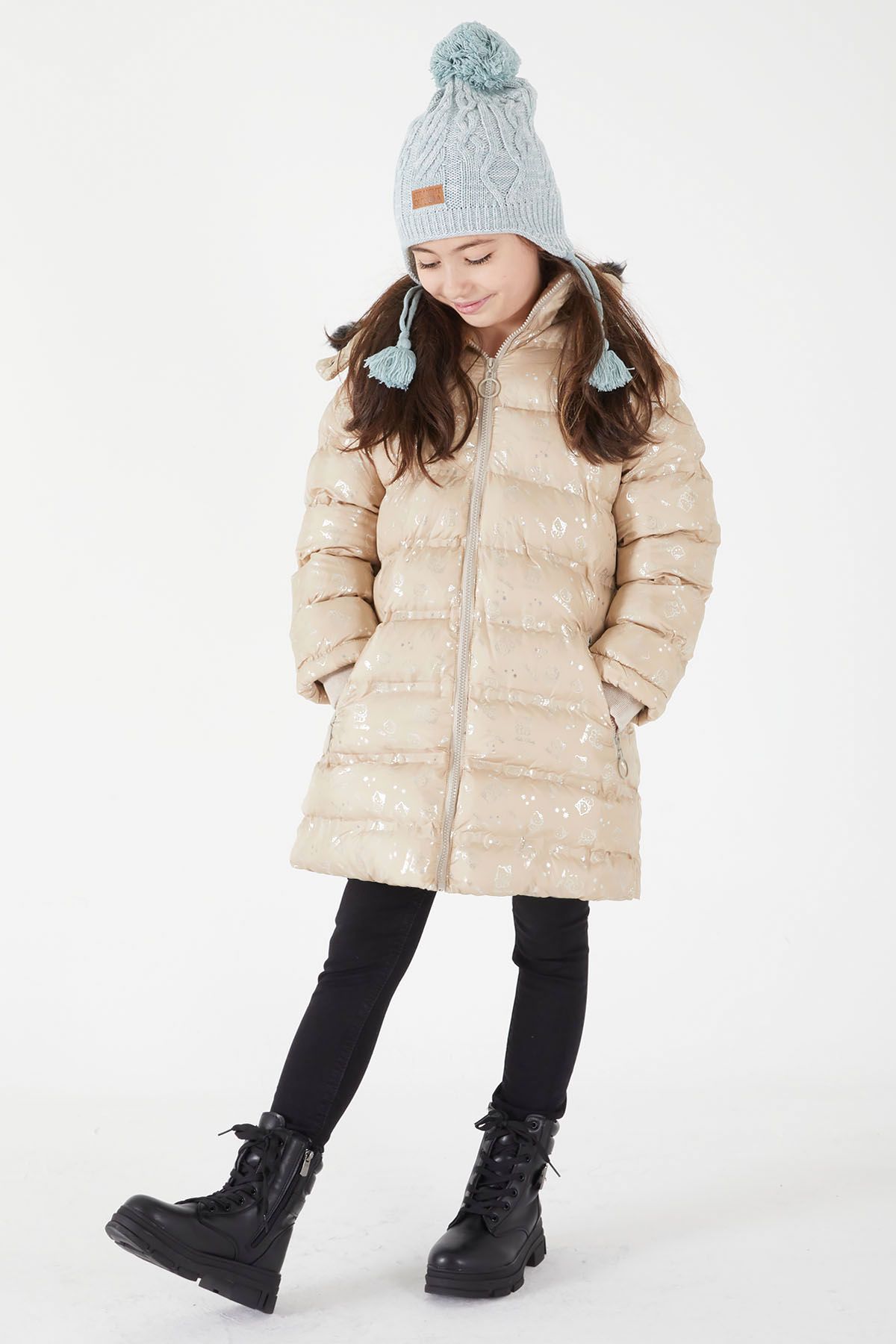 Cansın Mini-Girl's Character Printed Puffer Coat Beige 15552 4