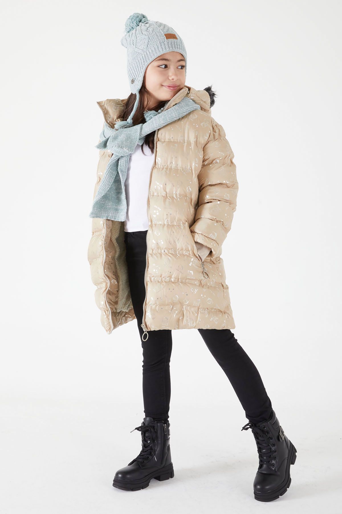 Cansın Mini-Girl's Character Printed Puffer Coat Beige 15552 1