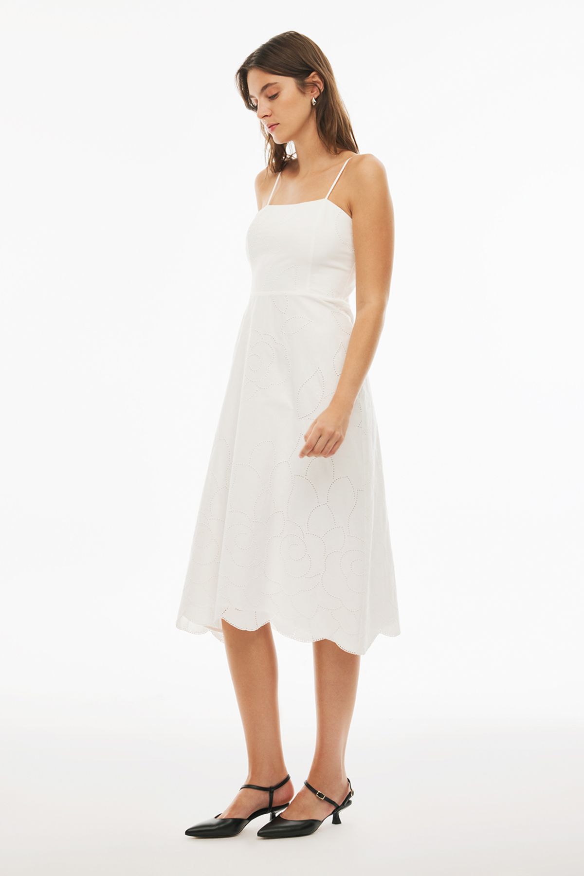 Perspective-Branny Regular Fit Midi Length Strap Square Collar Ecru Color Dress 2