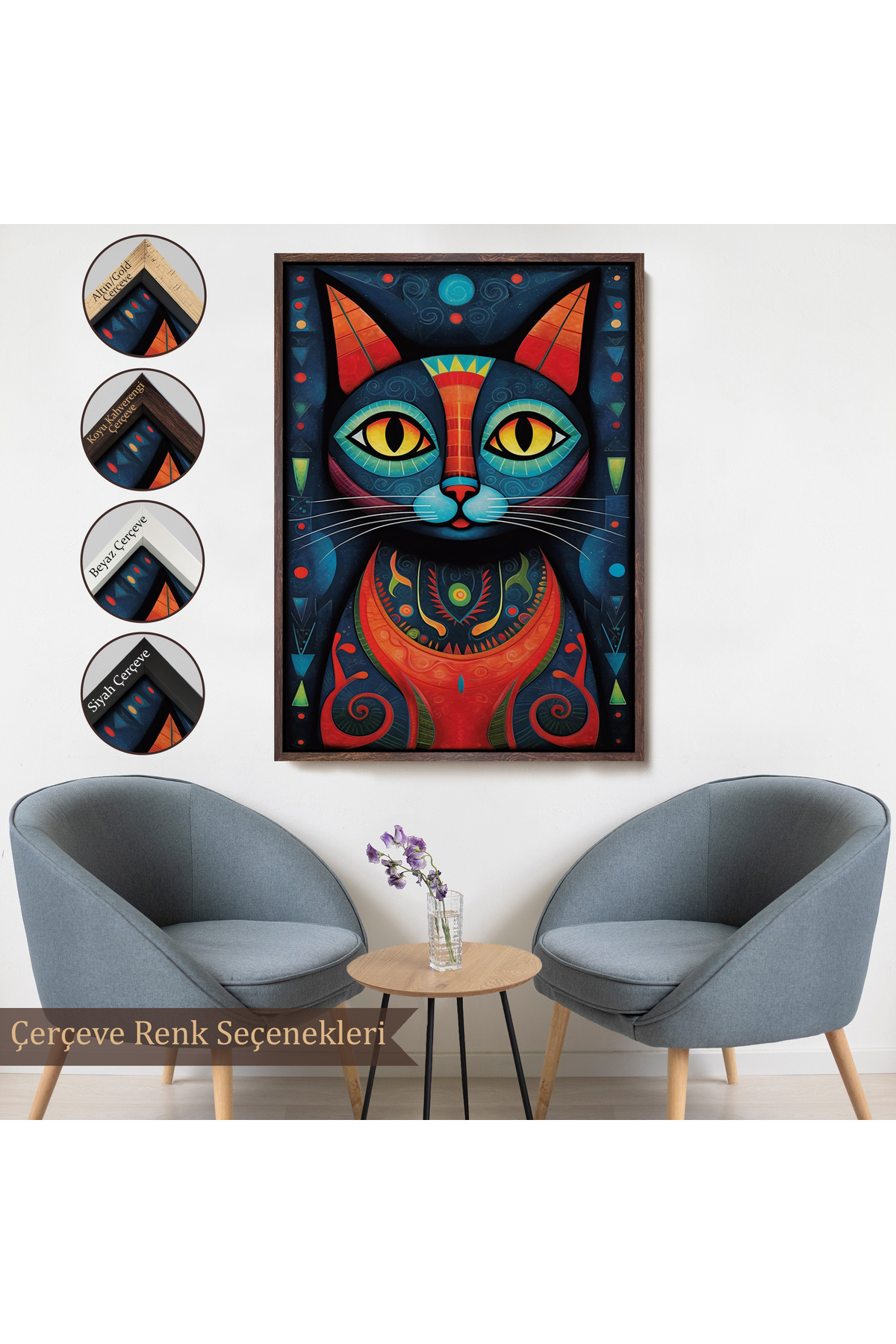 Pablo Picasso Tarzı - Soyut Renkli Kedi Çerçeveli Kanvas Tablo görsel 7