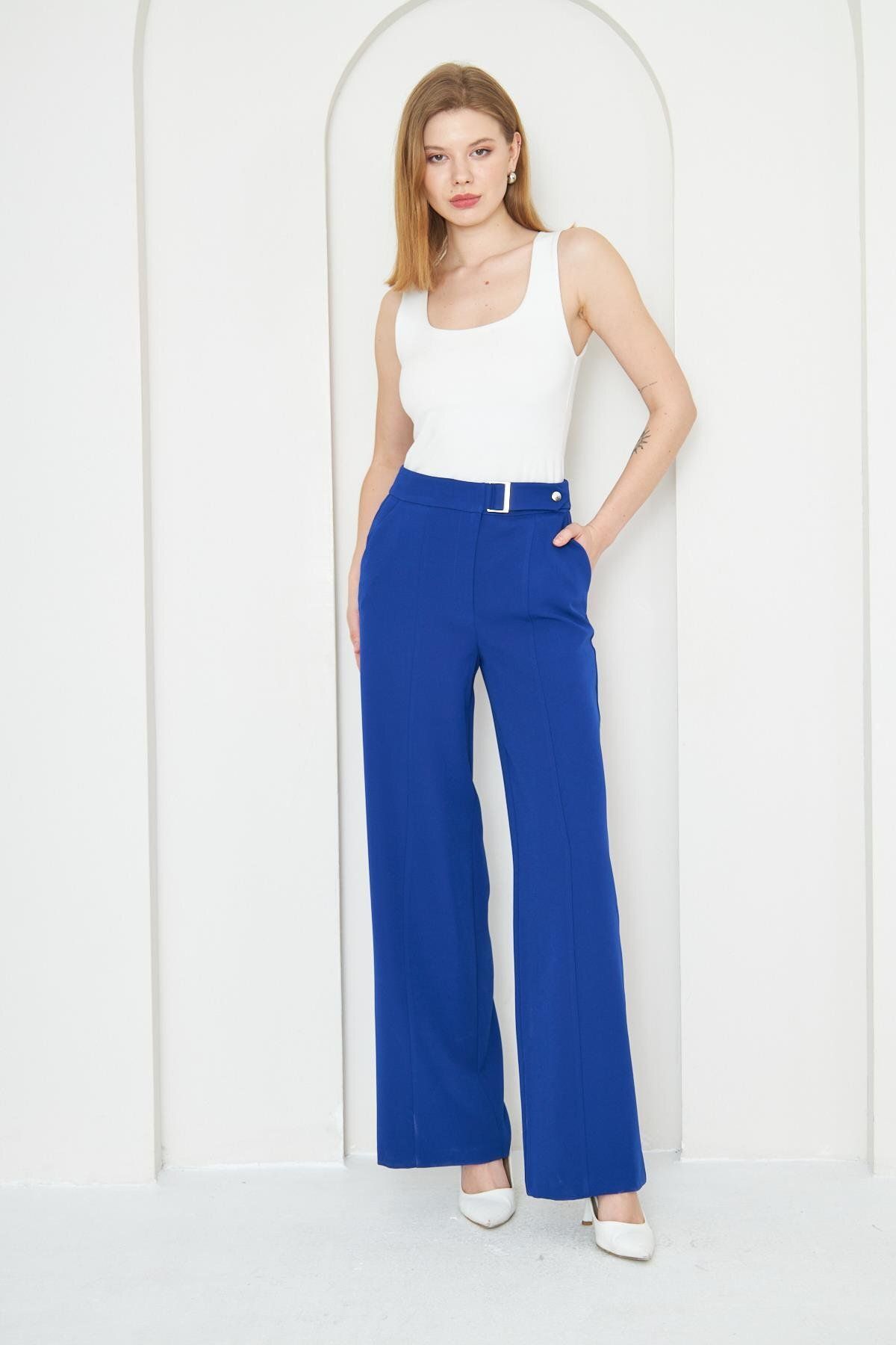 LOVELF-Saks Blue Wide Leg Trousers - Buckle Detailed 1