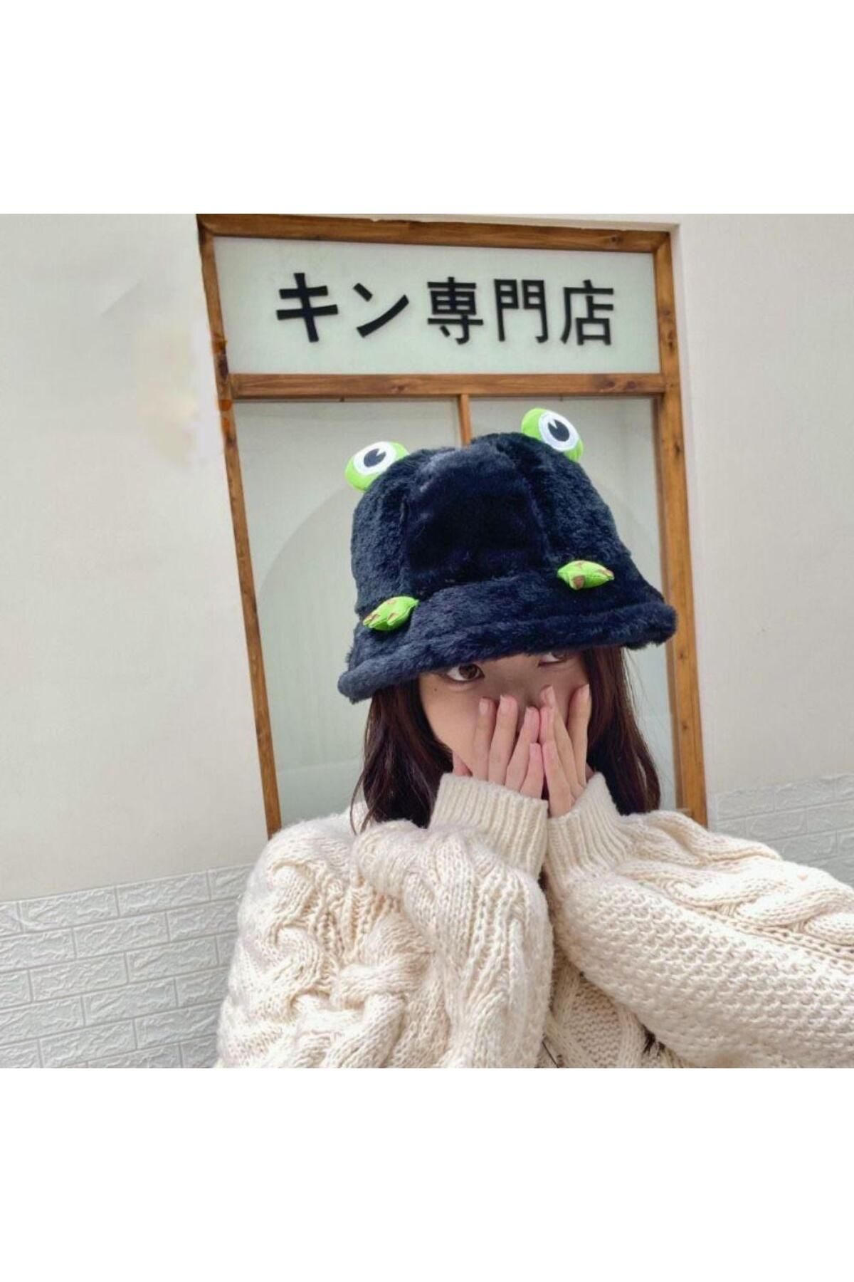 BAREM BUTİK Barem Butik  Harajuku Peluş Pamuklu Frog Bucket Şapka