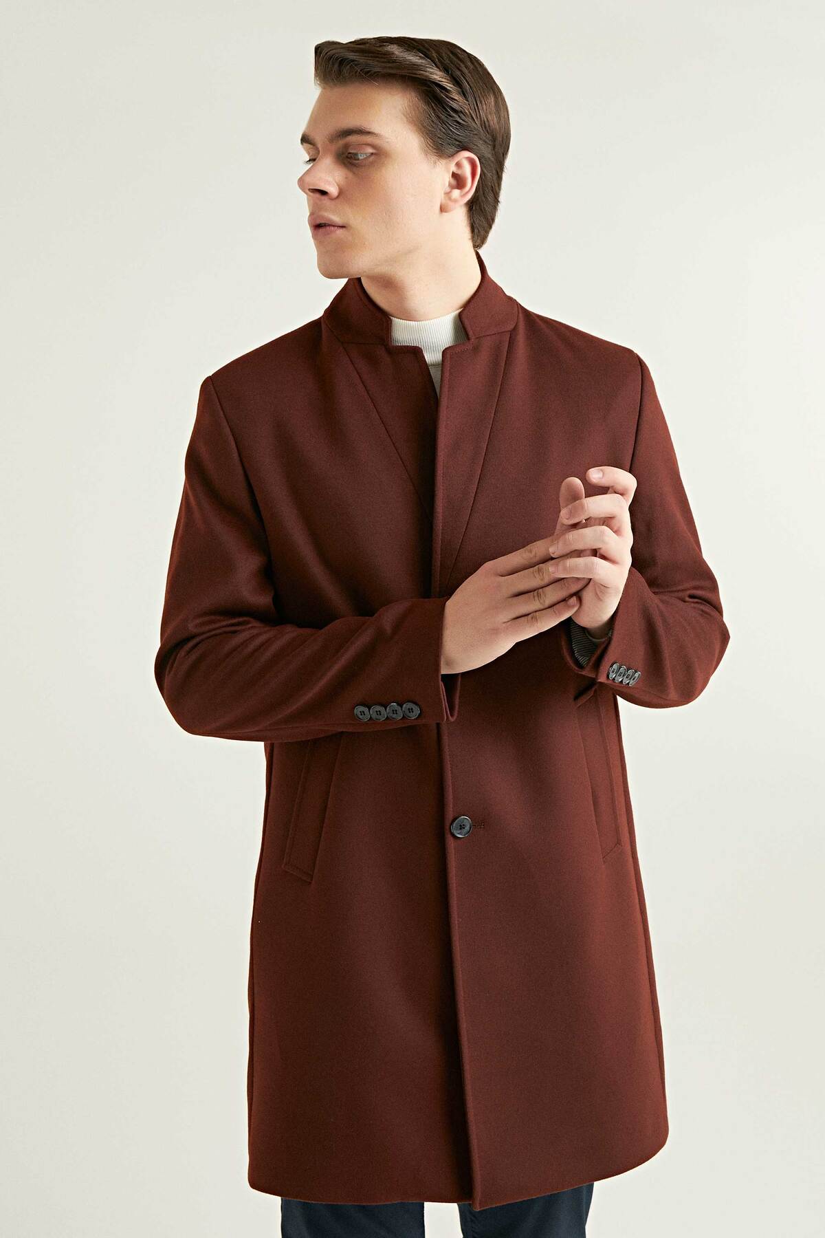 Twn Slim Fit Kiremit Düz Tek Yırtmaçlı Viskonlu Palto görsel 2