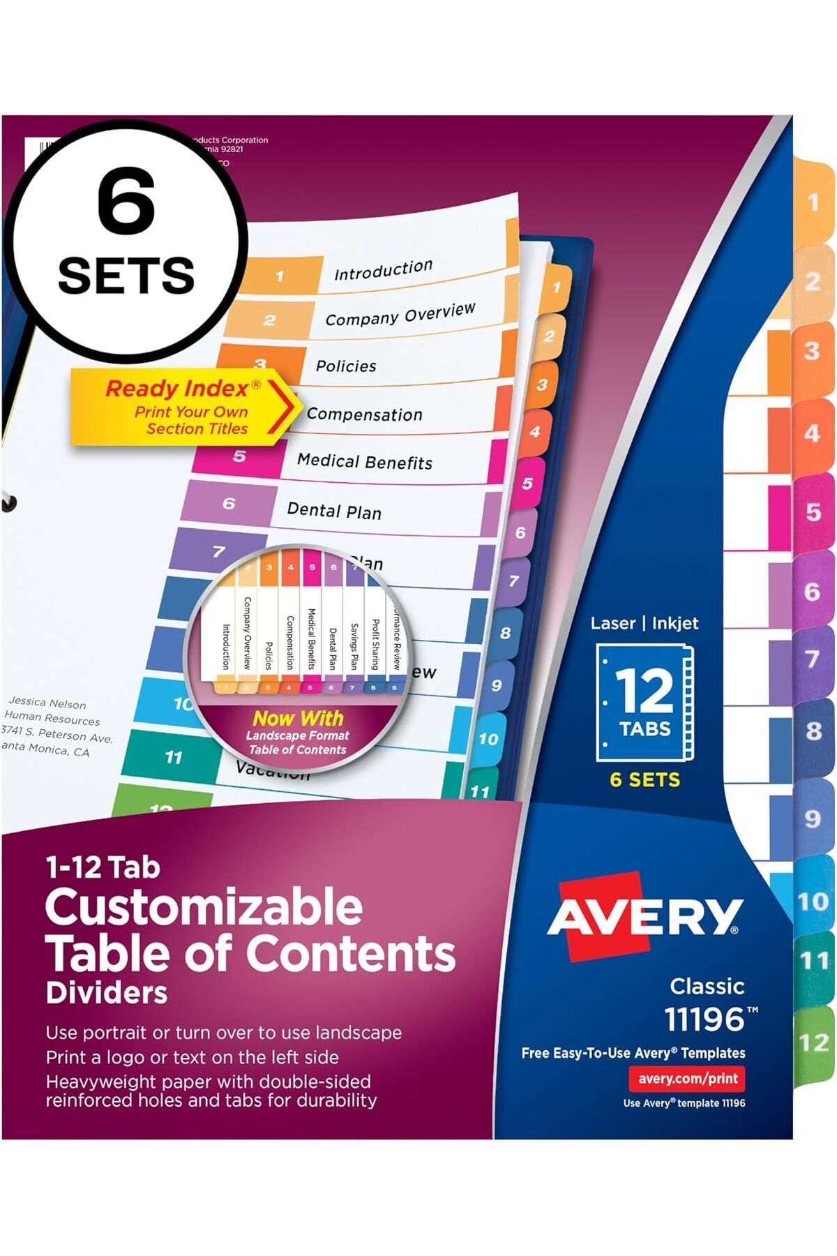 STOREMAX lbstorex Hazır Dizin 12-Tab Bağlayıcı Bölücüler, Özelleştirilebilir İçindekiler, Çok Ren