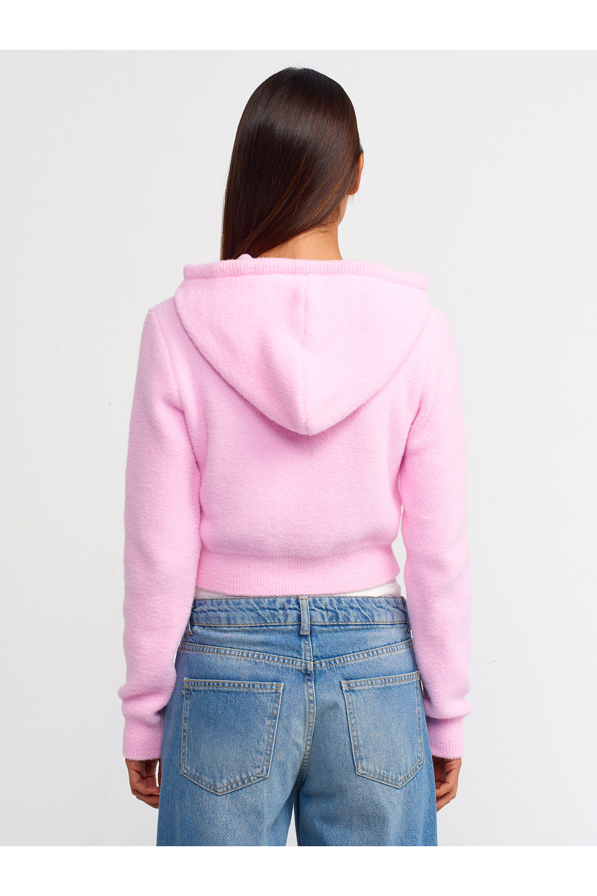 Dilvin 10486 Yumuşak Dokulu Kapşonlu Crop Kazak-Pembe - Fiyatı