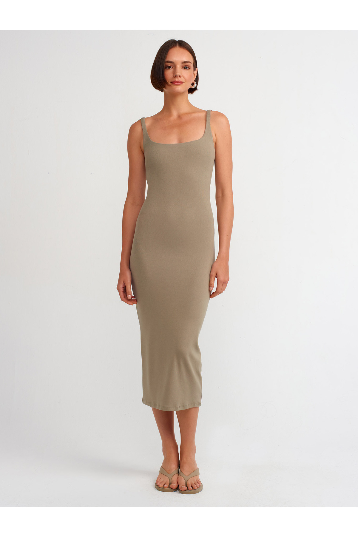 Dilvin 91172 Square Neck Midi Dress-Dark Çağla- Trendyol