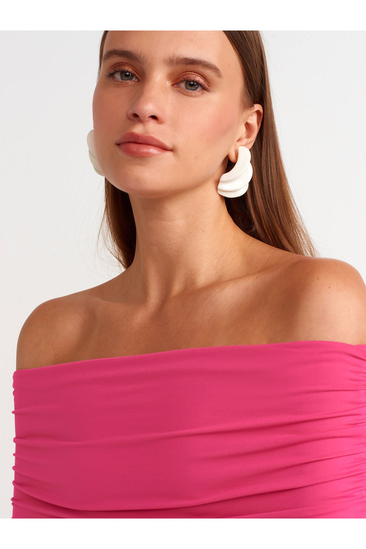 Dilvin-91153 Fuchsia Off-the-shoulder Gathered Dress 4