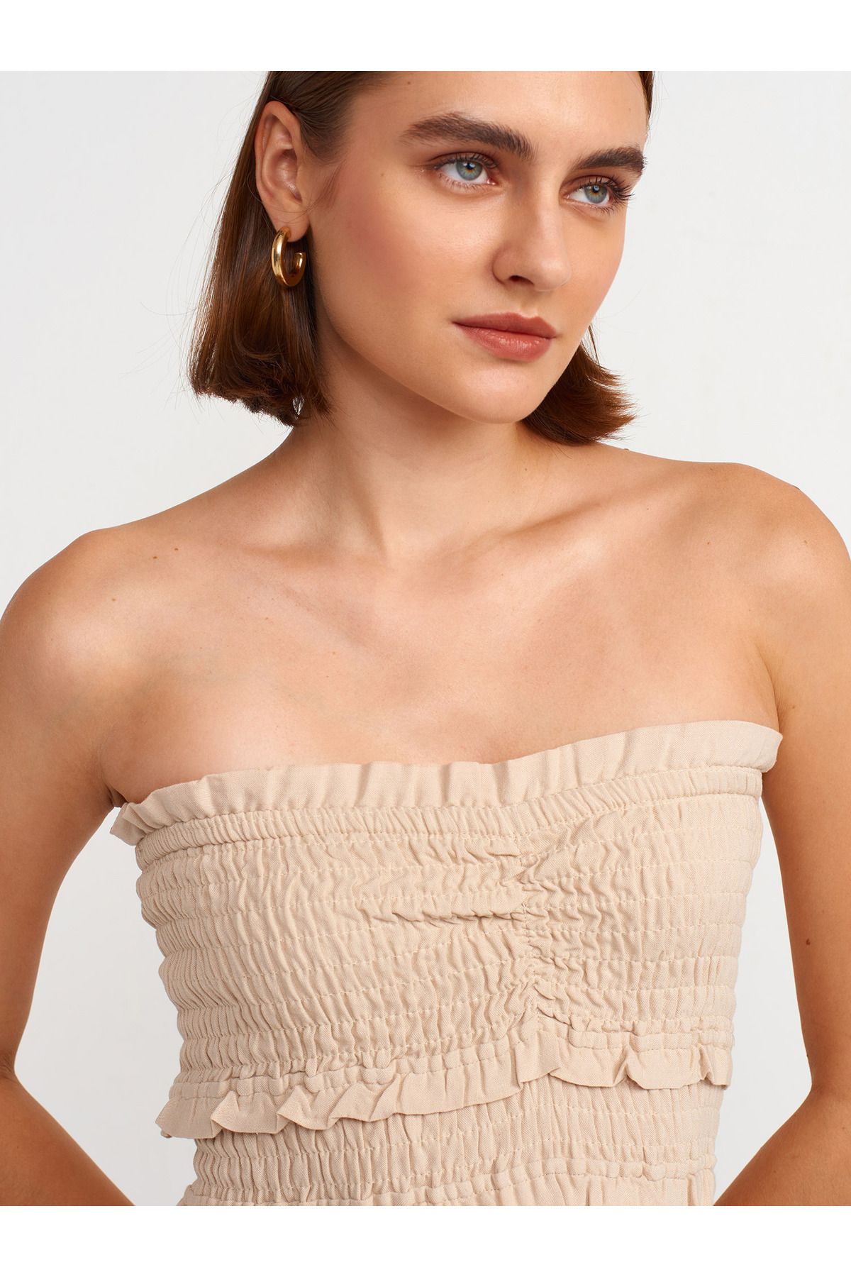 Dilvin-91220 Beige Strapless Gipe Detailed Dress 4