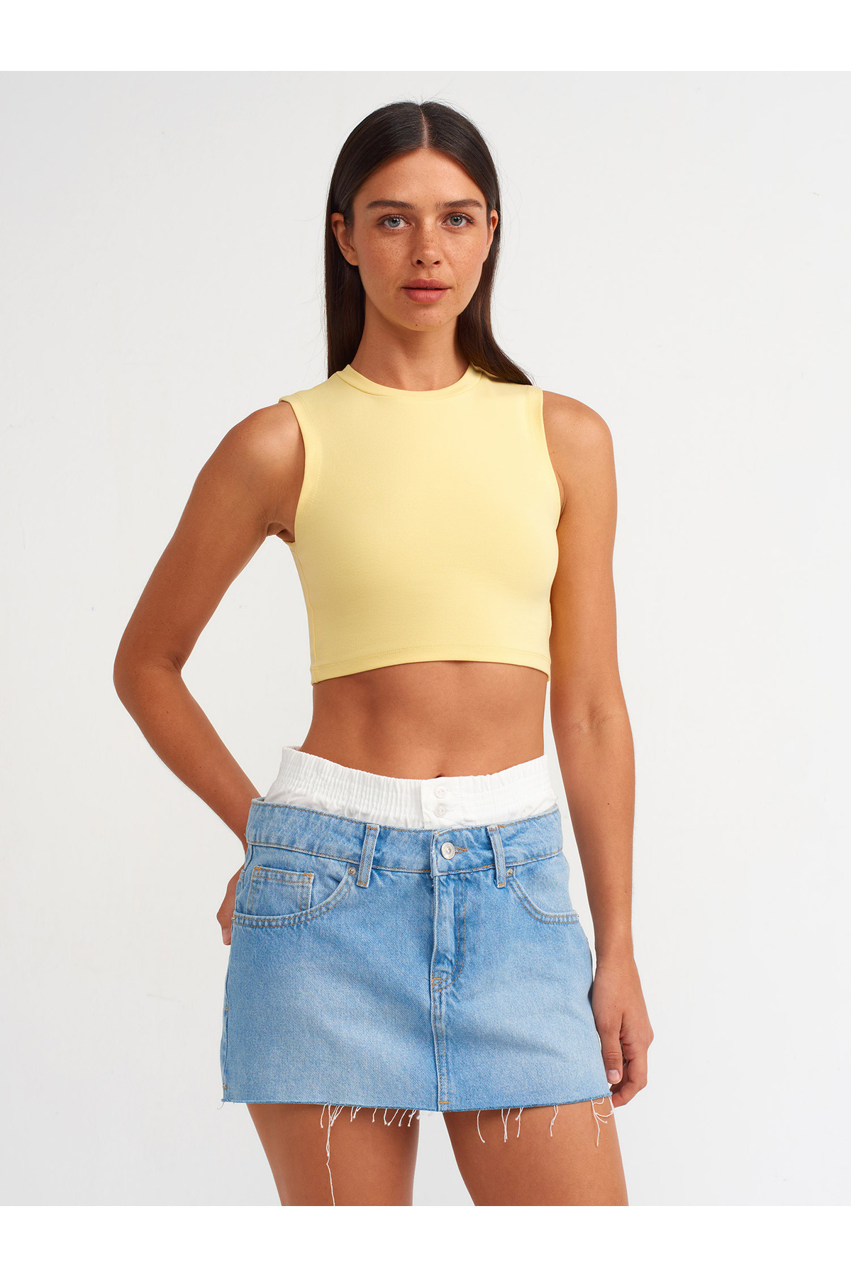 Dilvin-Yellow 30125 Model Crop Top 4