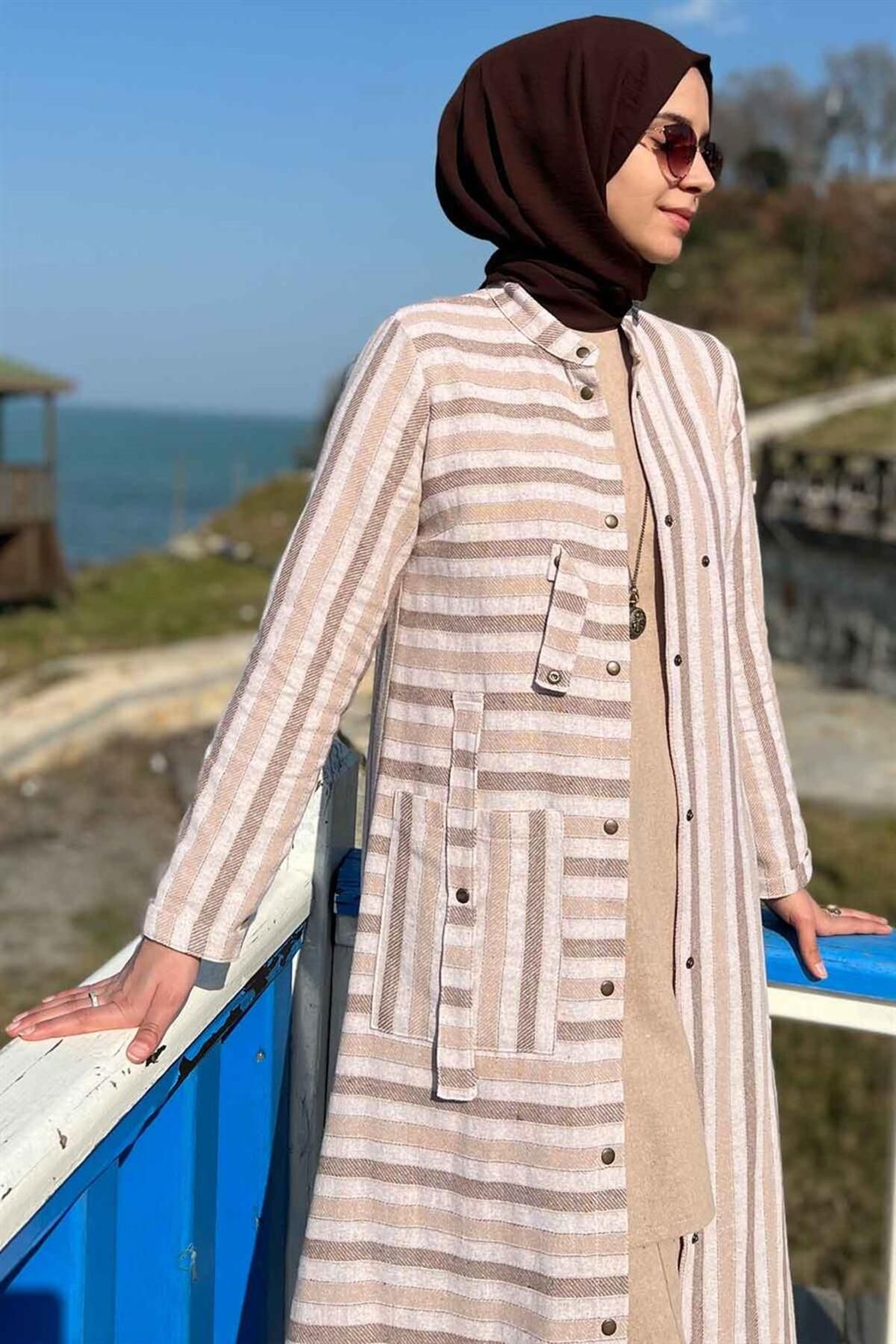 Rabia Şamlı-Brown Striped 3-Piece Set 5