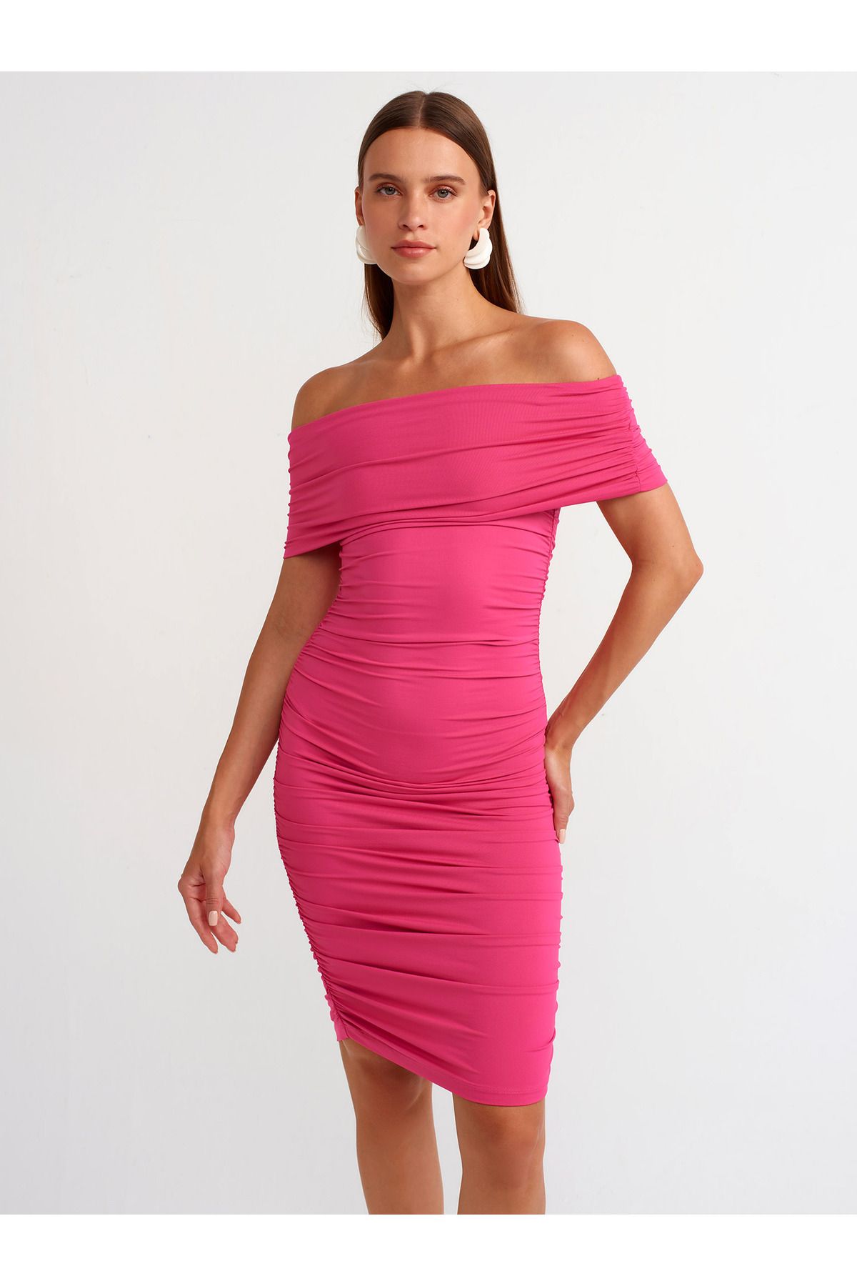 Dilvin-91153 Fuchsia Off-the-shoulder Gathered Dress 1