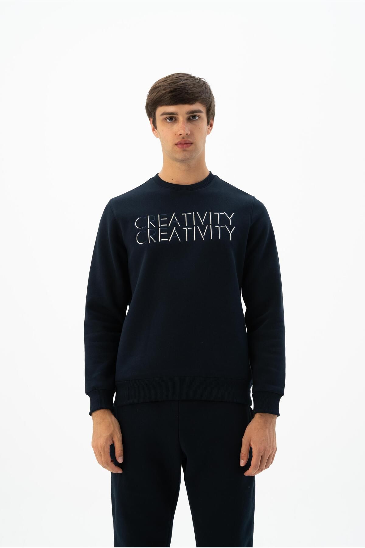 Erkek Lacivert Büyük Beden Bisiklet Yaka Sweatshirt K24124884001