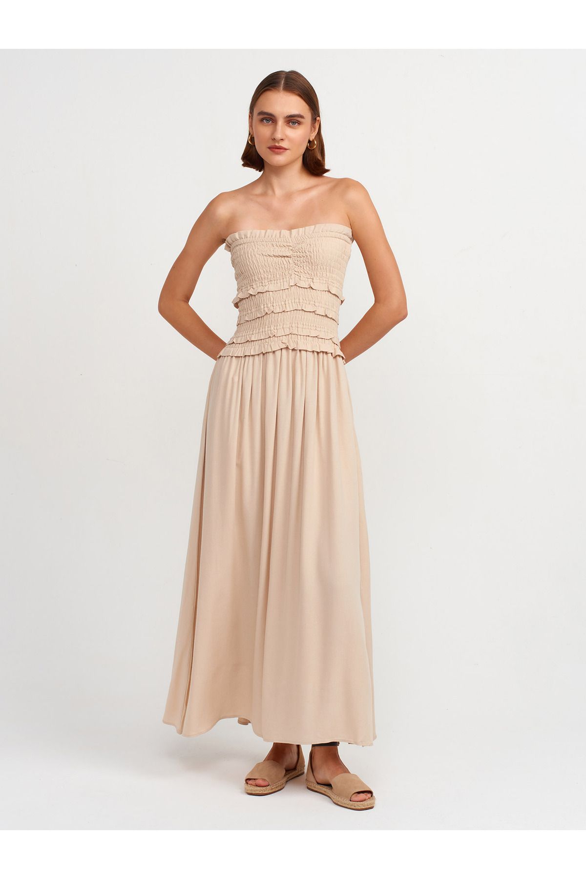 Dilvin-91220 Beige Strapless Gipe Detailed Dress 3