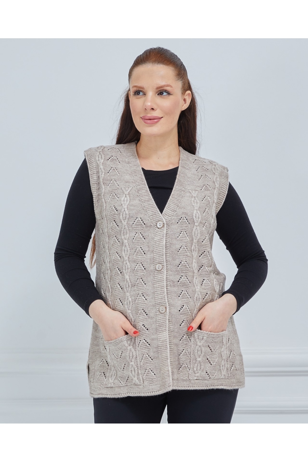 Women's Stone V-Neck Wool Maternity Knitwear Vest with Chain Mesh Pockets
