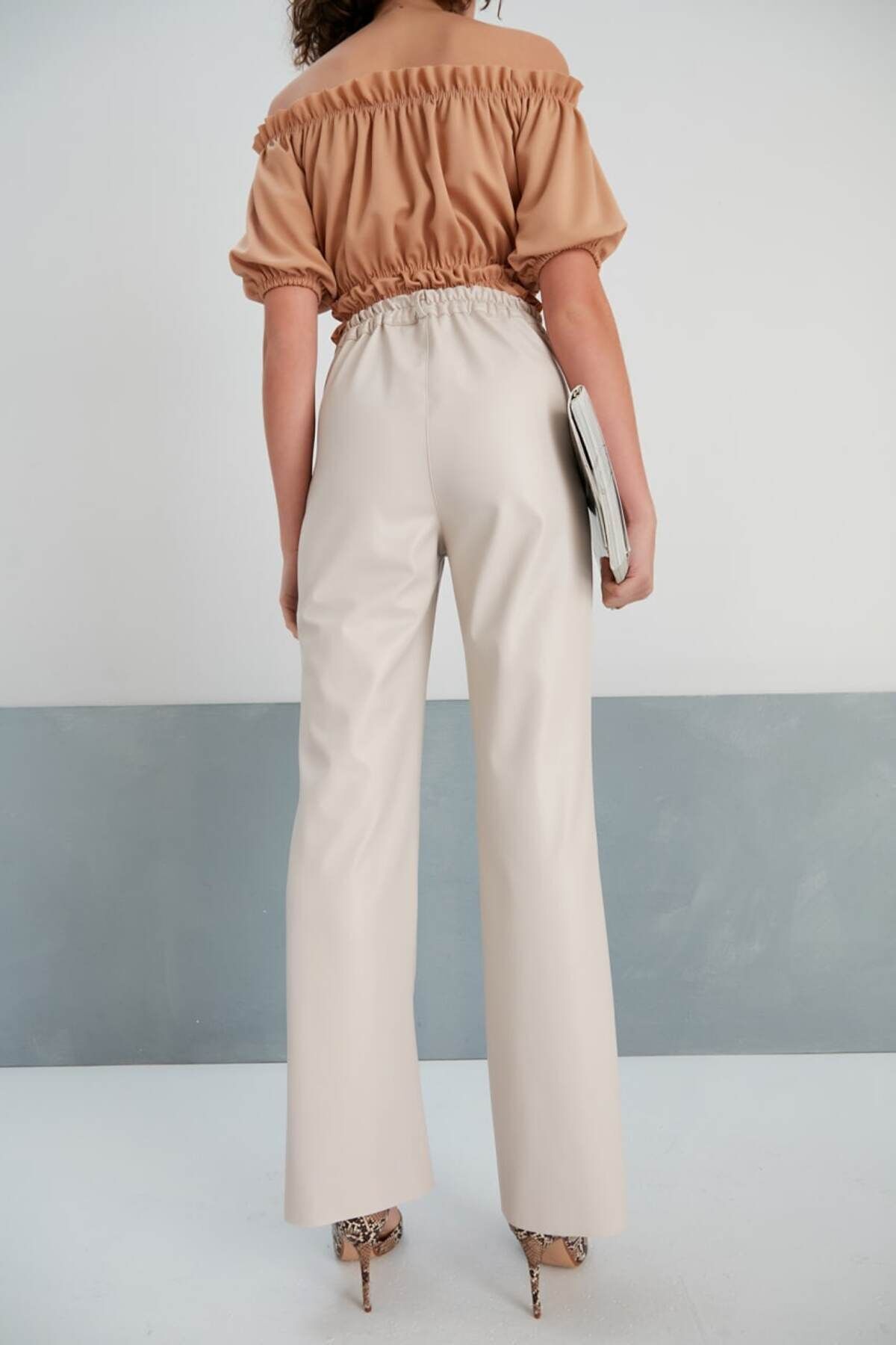 KaSheHa-Cream Back Elastic High Waist Tube Long Button Detailed Leather Pants 105 cm 5