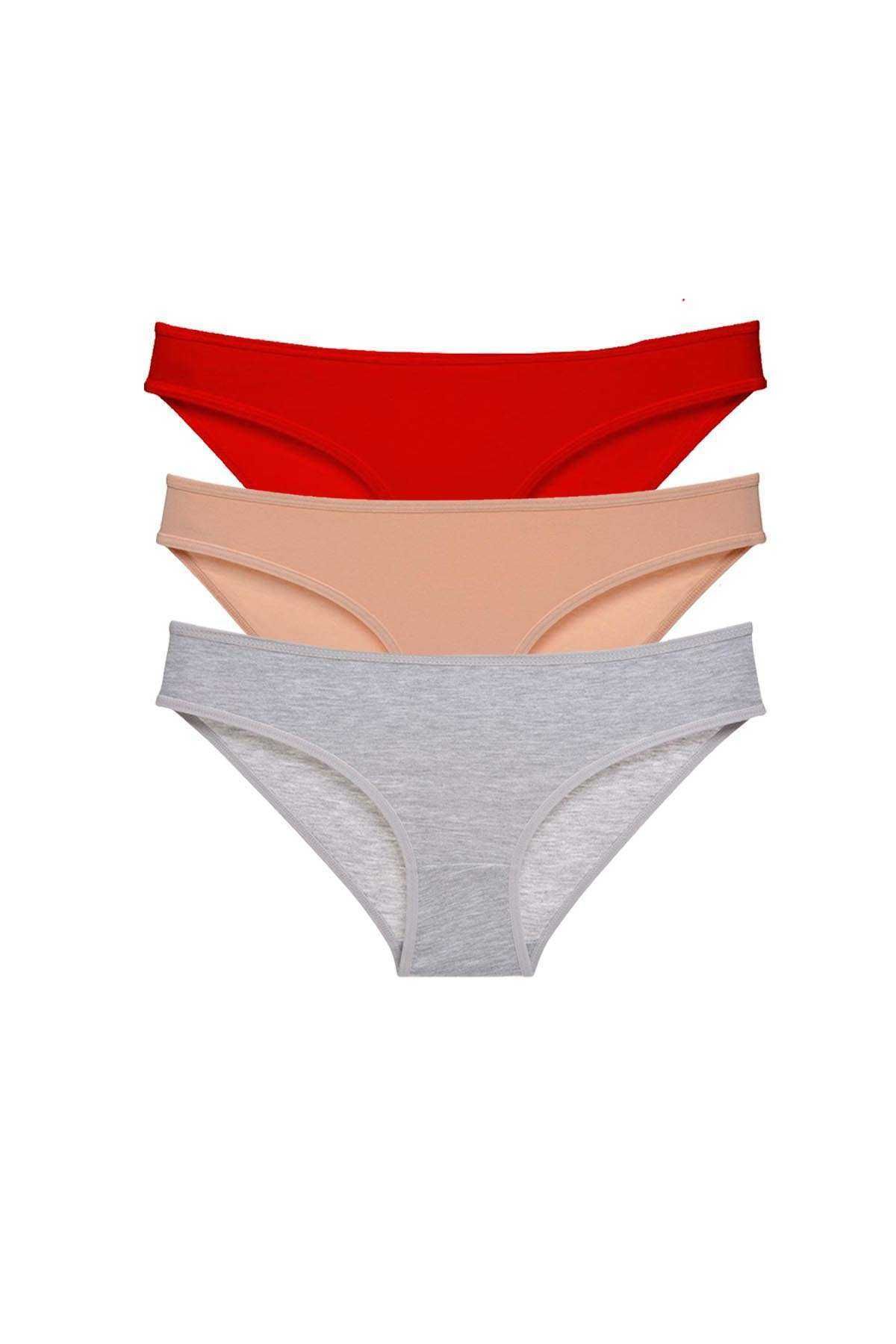Pink Stil 3 adet Eko Set Likralı Kadın Slip Külot Kırmızı Ten Gri Pink Stil
