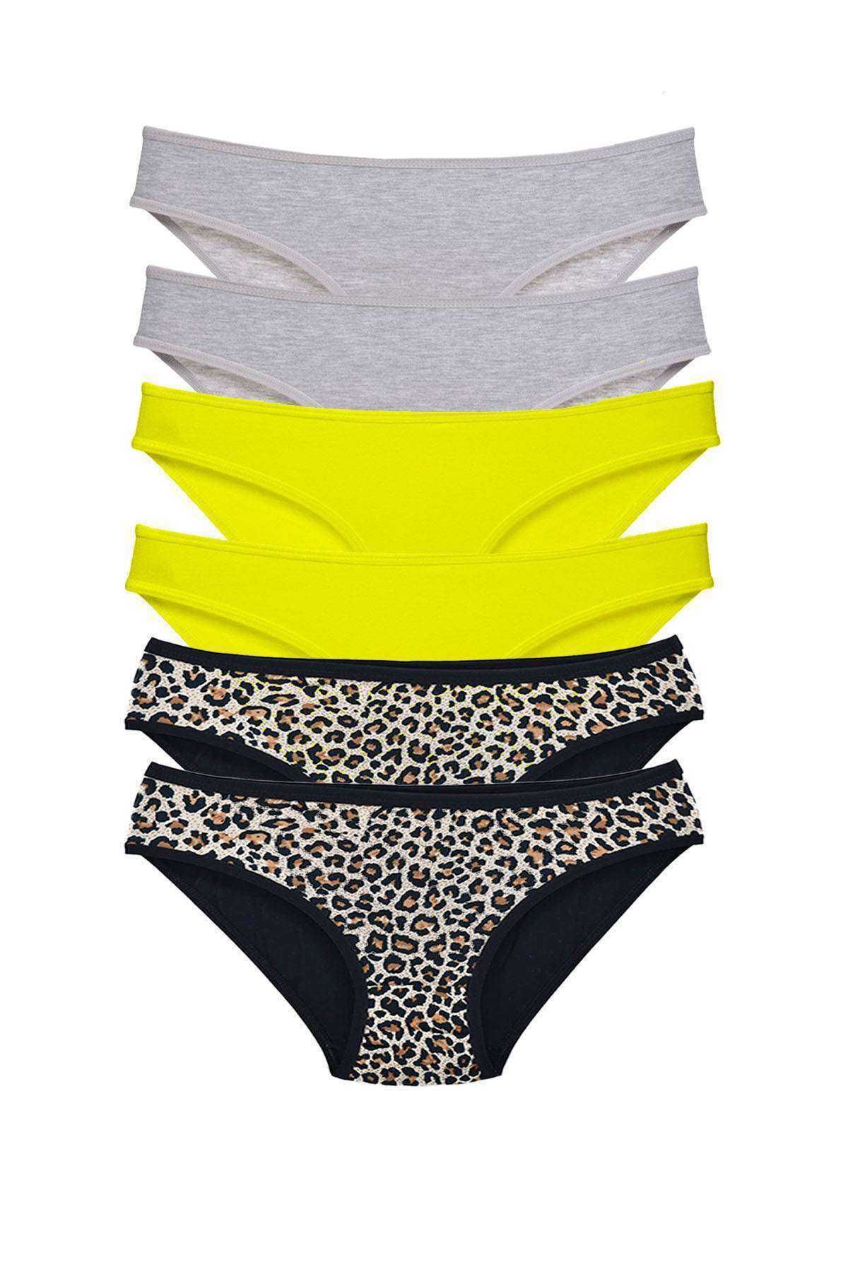 Pink Stil 6 Adet Likralı Kadın Slip Külot Leopar Gri Sarı Pink Stil