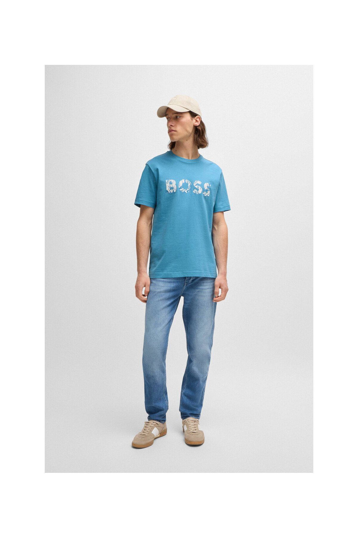 تی شرت آبی مردانه پنبه طرح دار آرم T Shirt BOSS
