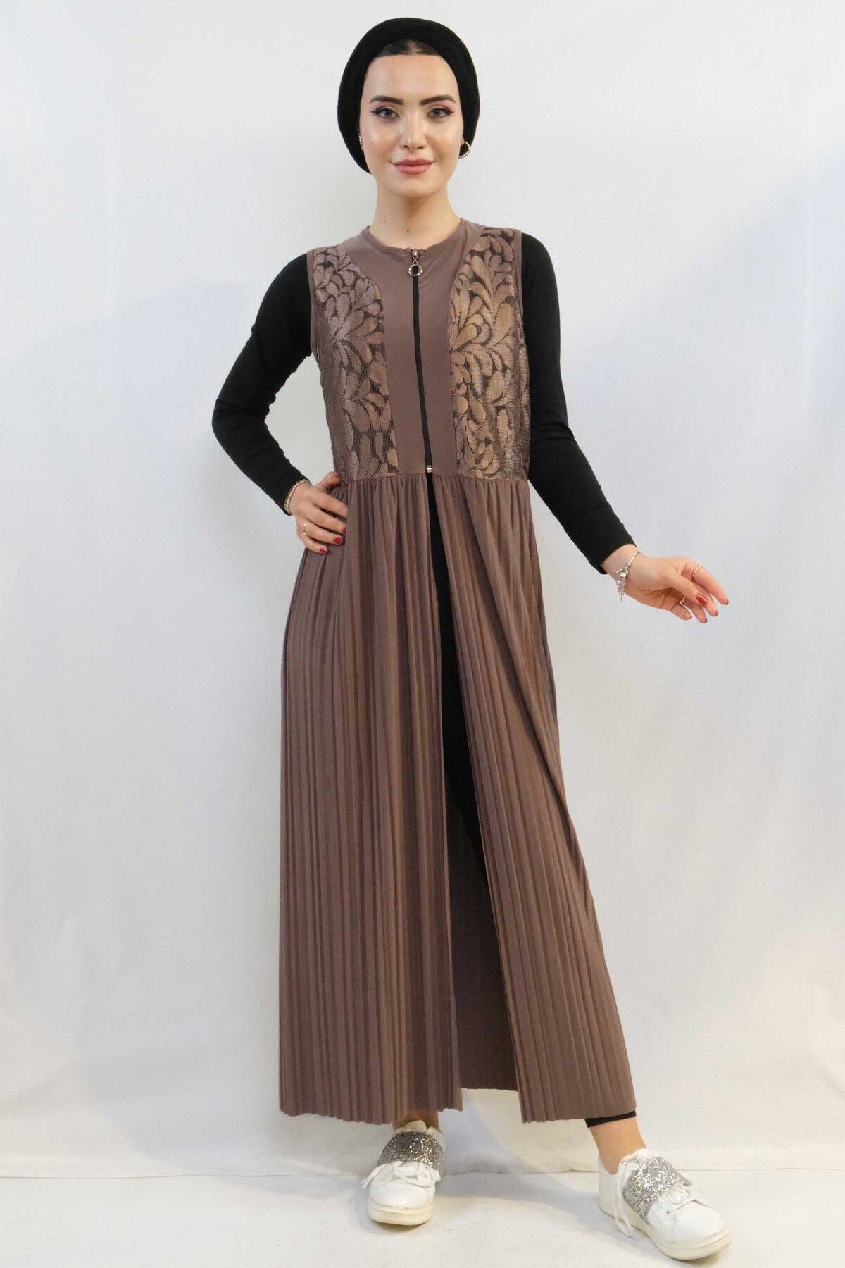 COXO Fashion`S Moda Çizgi Pleated Vest Mc714 Mink