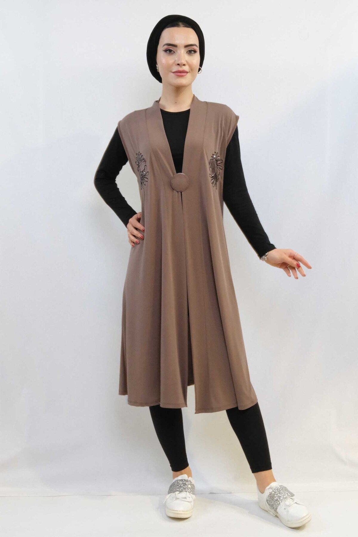 COXO Fashion`S Moda Çizgi Sequin Embroidered Vest Mc724 Beige