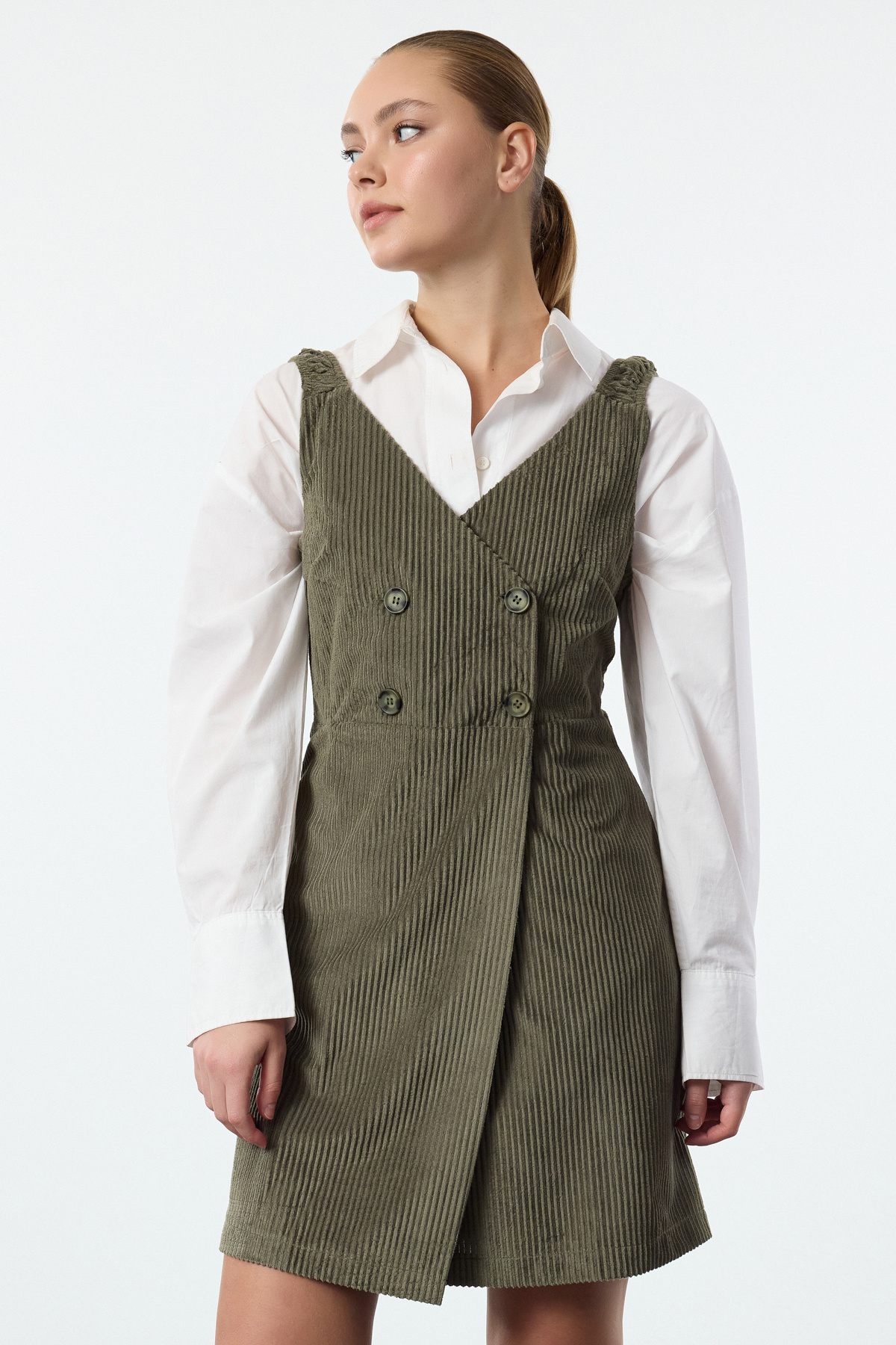 Trendyol Collection-Khaki pántos Gilet bársony mini szőtt ruha TWOAW25EL00374 1