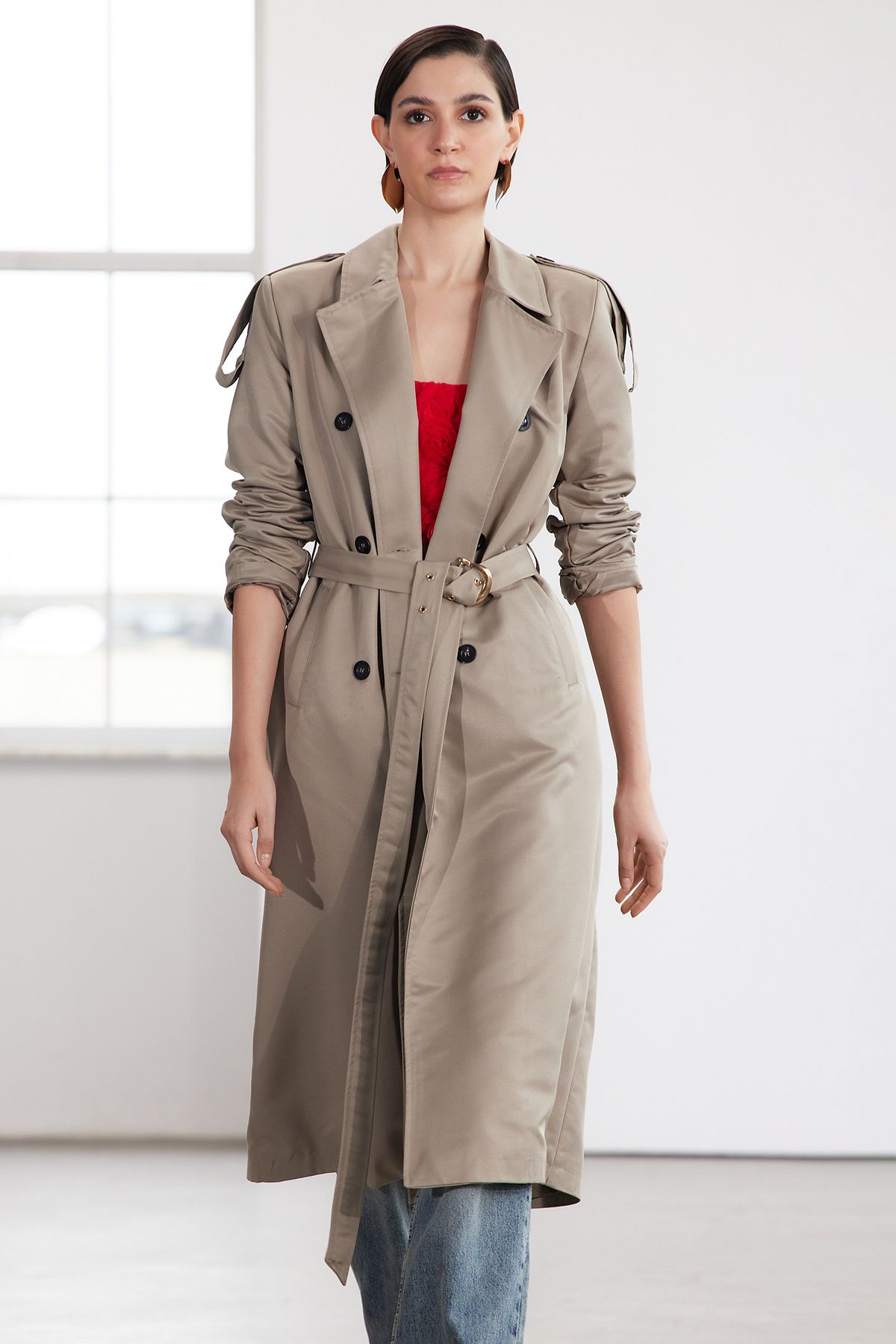 Trendyol Collection-Beige Long Trench Coat - Belted, Limited Edition Twoaw25Tr00008 2