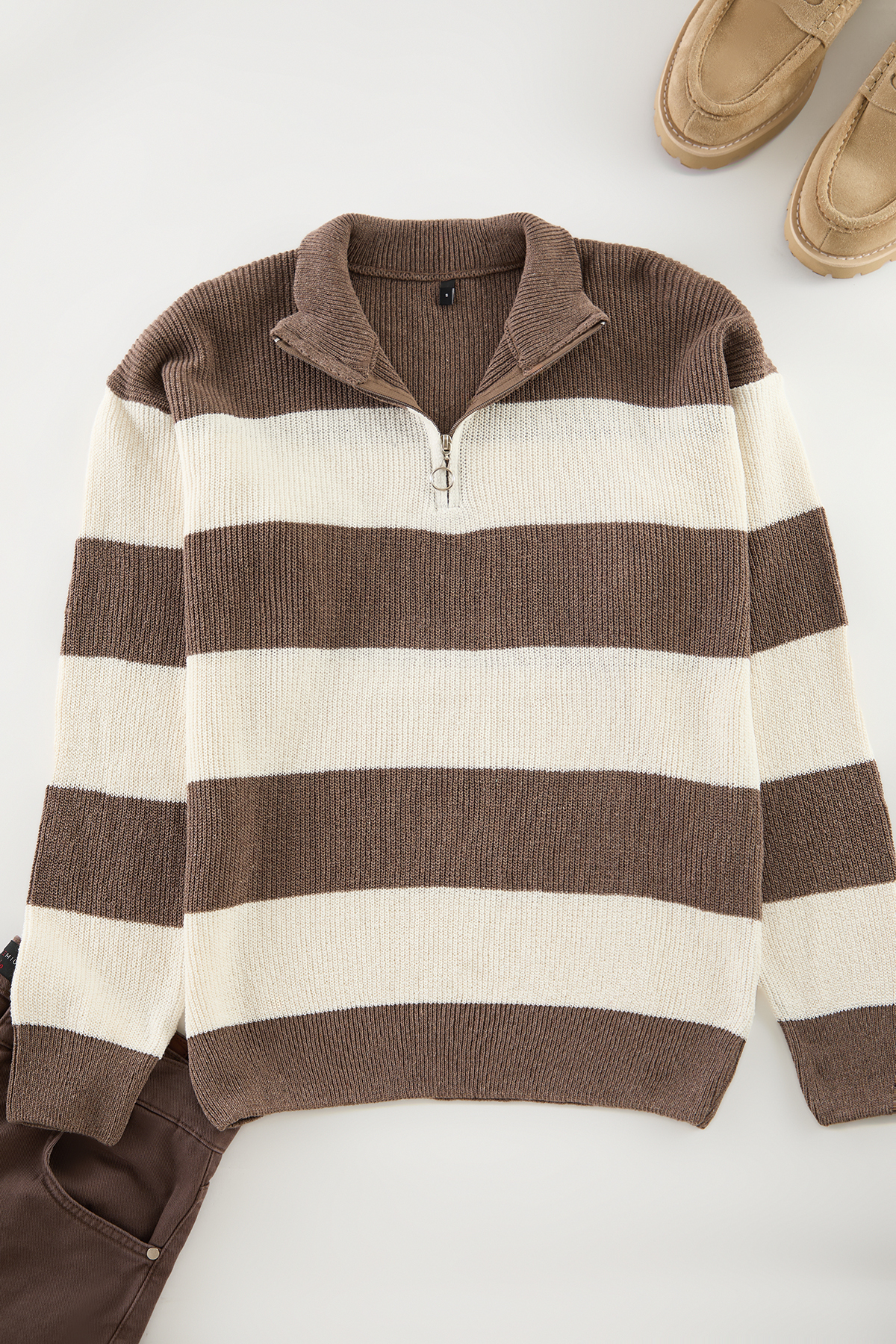 پليور مردانه راه راه يقه ايستاده طرح قهوه اي سفيد  trendyolmilla man