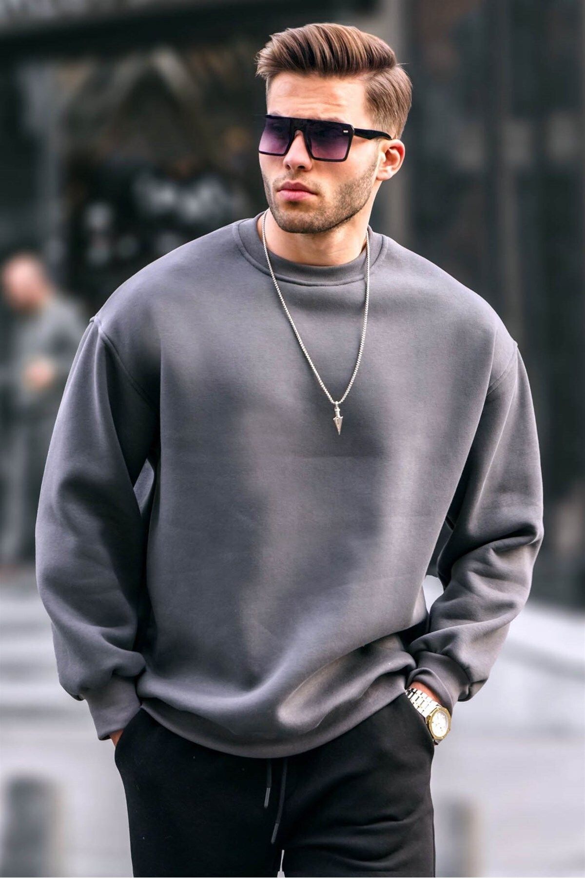 smoked crew neck oversised hooded basic mens sweatshirt 6048