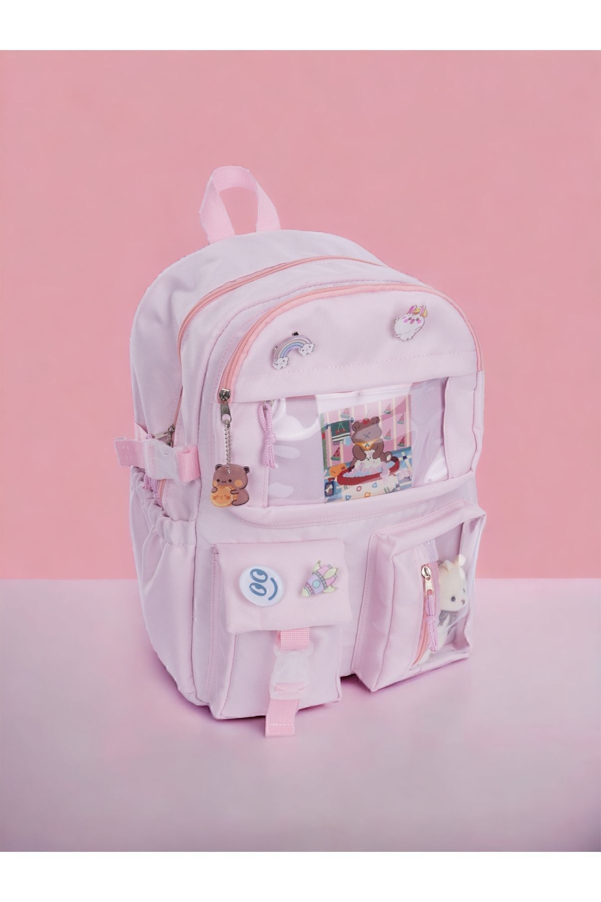 Kawaii Kore Tarzı Aksesuarlı Ve Ayıcıklı Okul Sırt Çantası Pudra Pembe